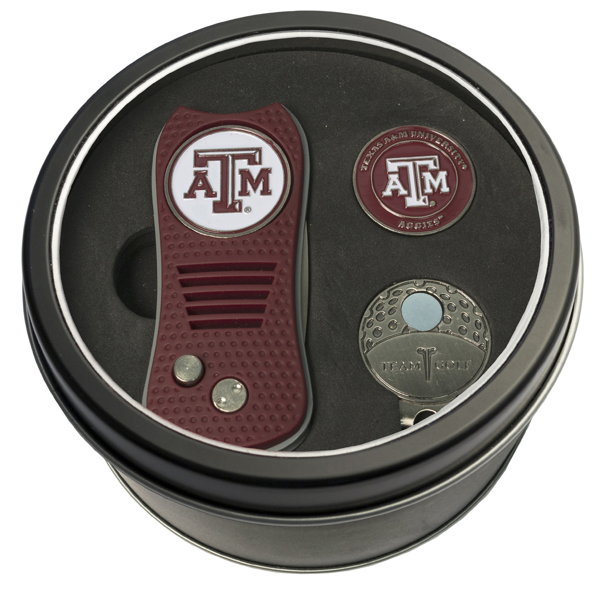 Texas A&M Aggies Divot Tool Ball Marker & Cap Clip Personalized Tin Gift Set Texas A&M Aggies Divot Tool Ball Marker & Cap Clip Personalized Tin Gift Set
