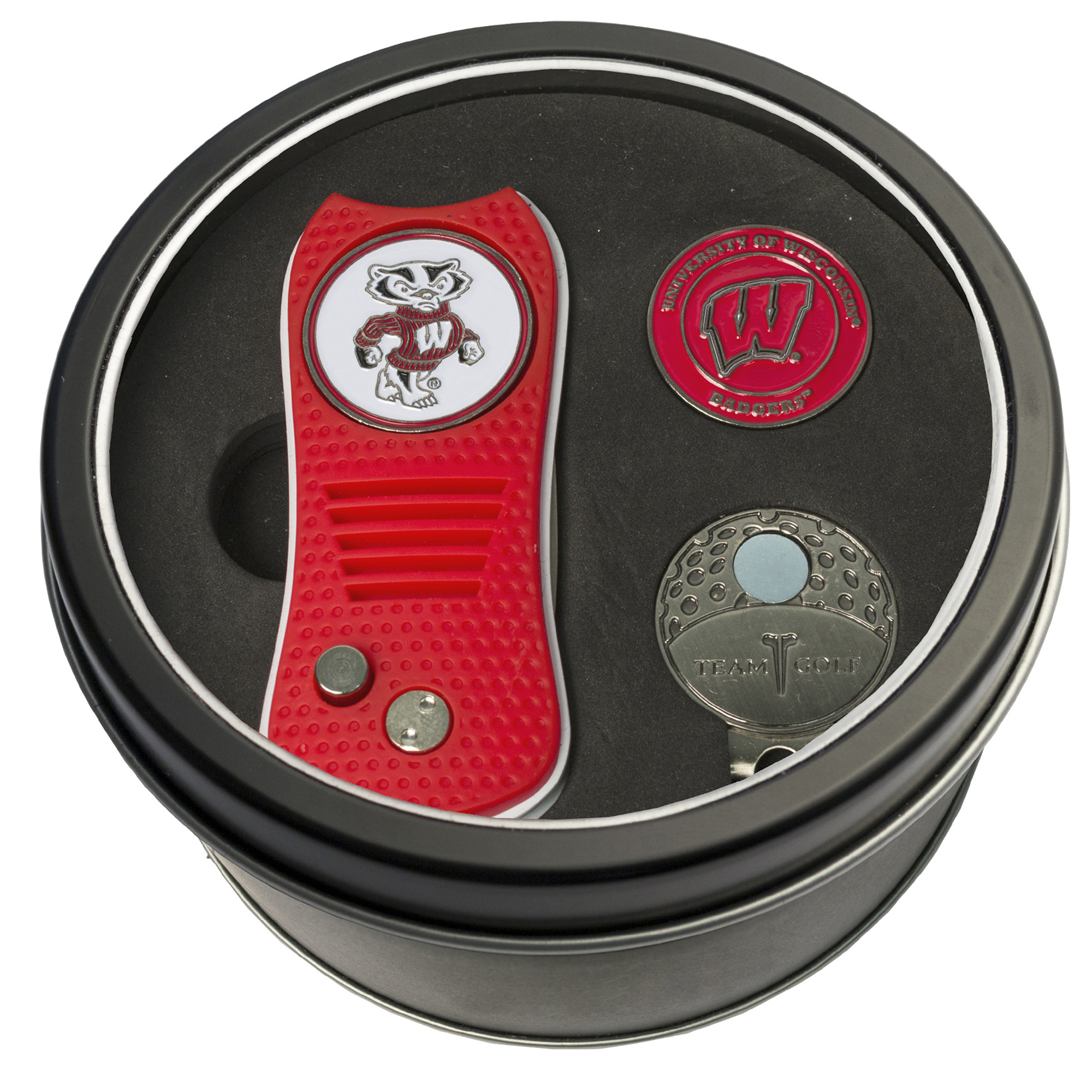 Wisconsin Badgers Divot Tool Ball Marker & Cap Clip Personalized Tin Gift Set Wisconsin Badgers Divot Tool Ball Marker & Cap Clip Personalized Tin Gift Set