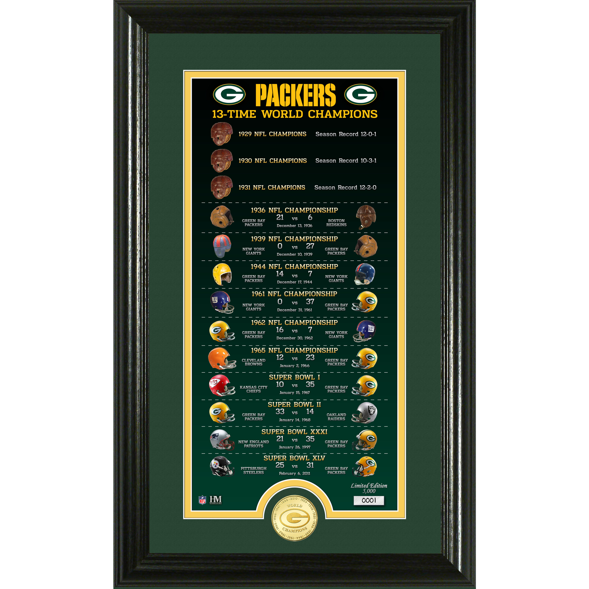 Highland Mint Green Bay Packers 13-Time World Champions 12'' x 20'' Legacy Bronze Coin Photo Mint
