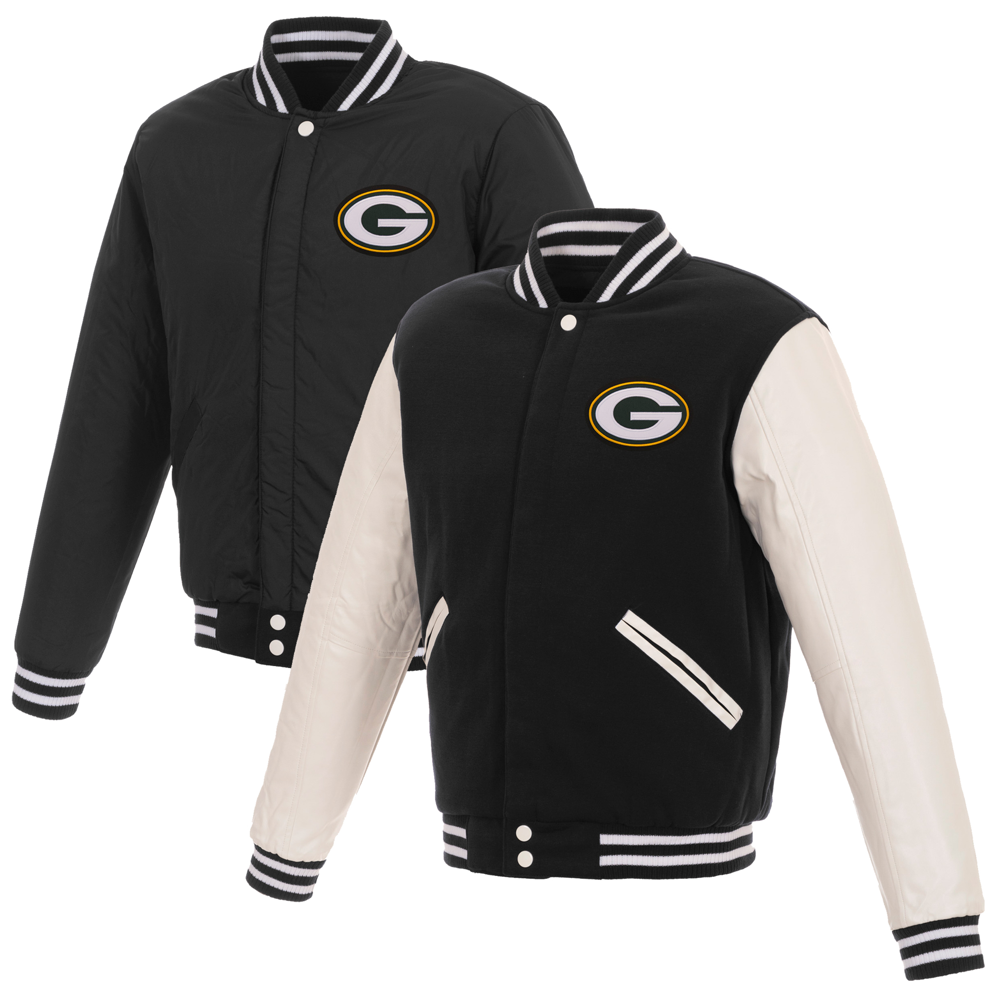 Men's JH Design Black/White Green Bay Packers 19 Mens Reversible Fleece Jacket W/ Faux Leather Sleeves