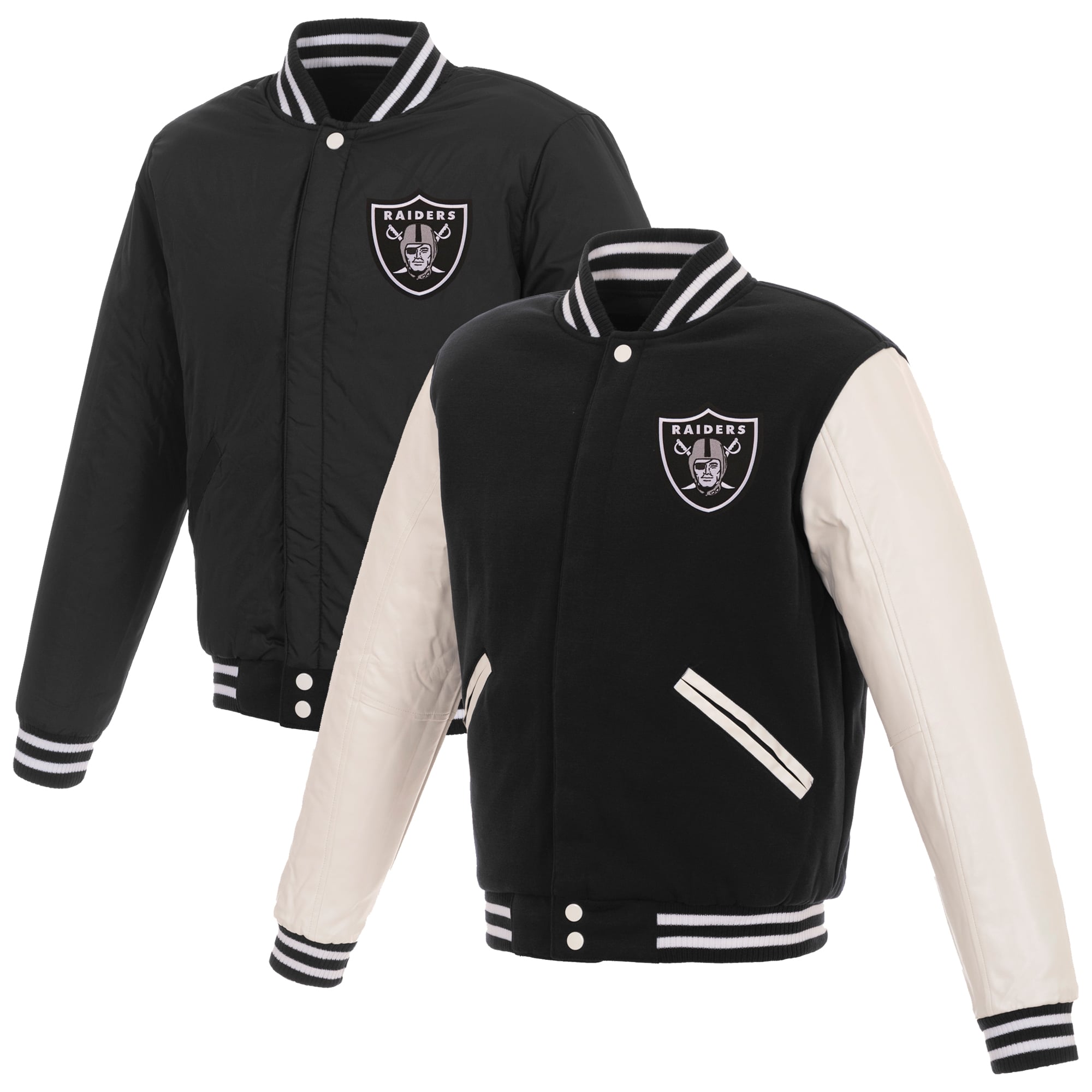 Men’s JH Design Black/White Las Vegas Raiders 19 Mens Reversible Fleece Jacket W/ Faux Leather Sleeves Men’s JH Design Black/White Las Vegas Raiders 19 Mens Reversible Fleece Jacket W/ Faux Leather Sleeves
