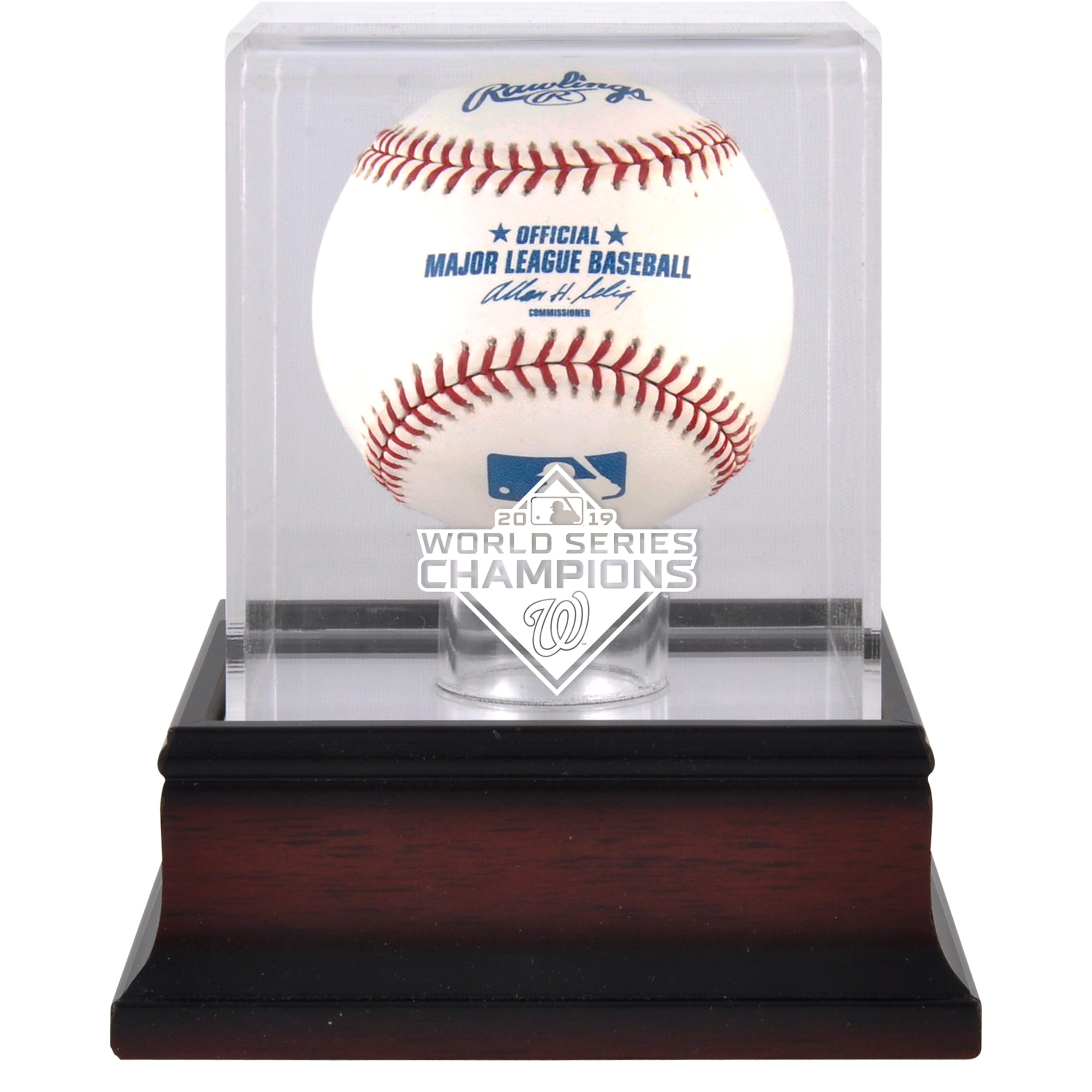 Vetrina espositiva con logo in mogano per baseball dei campioni della World Series 2019 dei Washington Nationals