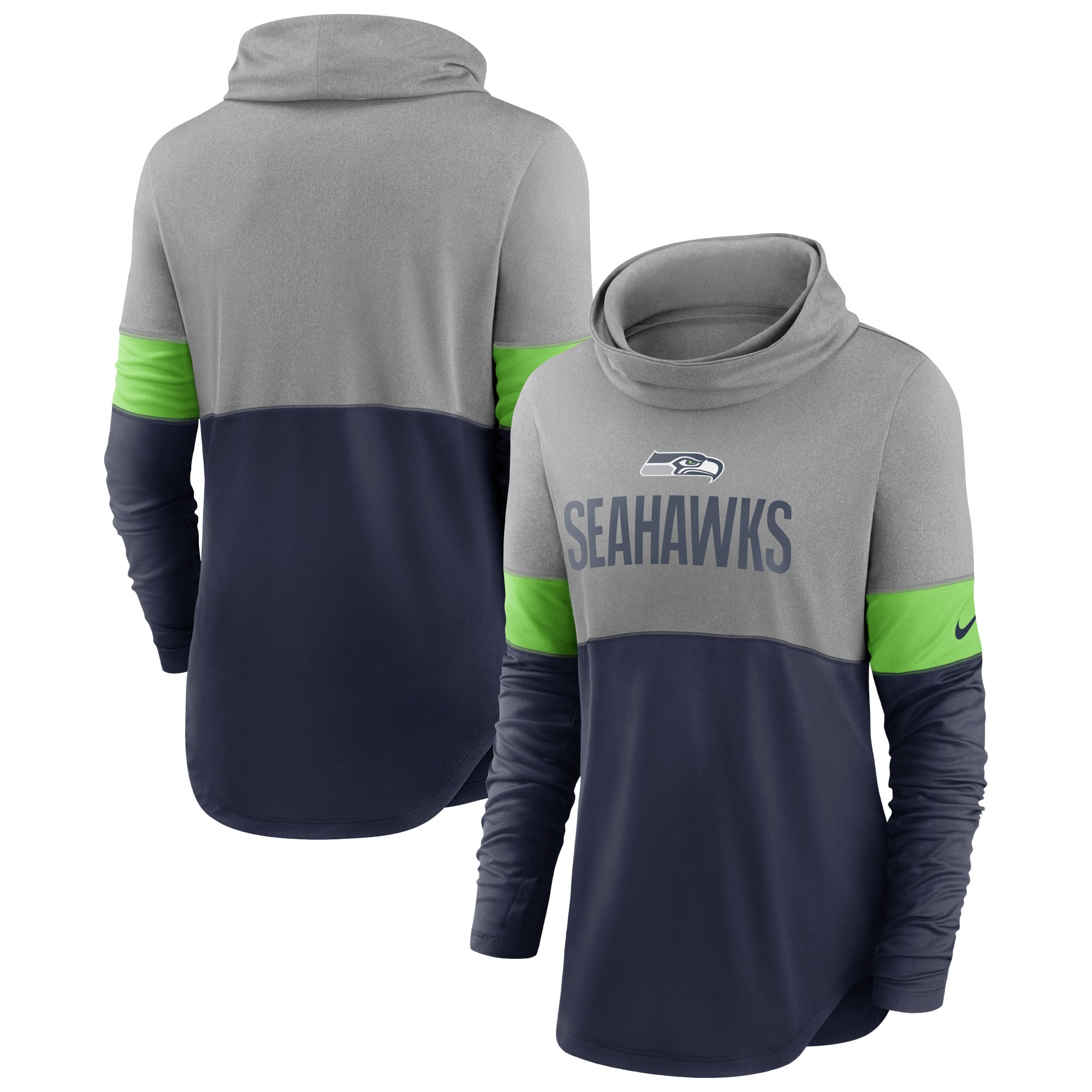 Women’s Nike Navy/Heathered Charcoal Seattle Seahawks Light Impact Lock Up Cowl Neck Long Sleeve T-Shirt