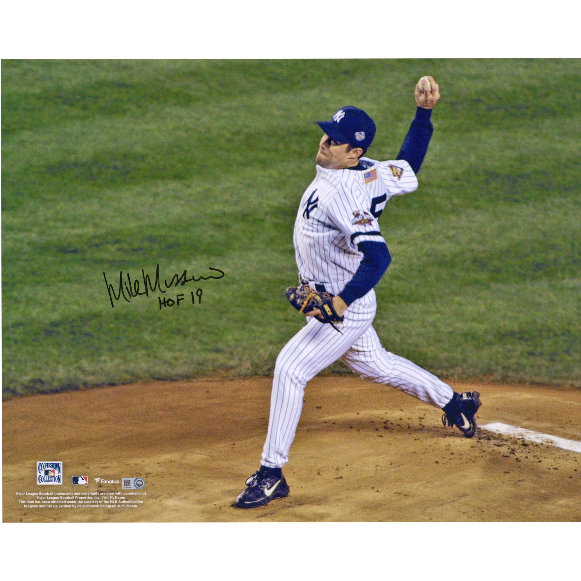 Mike Mussina New York Yankees Autographed 16" x 20" 2001 World Series Pitching Photograph with "HOF 19" Inscription