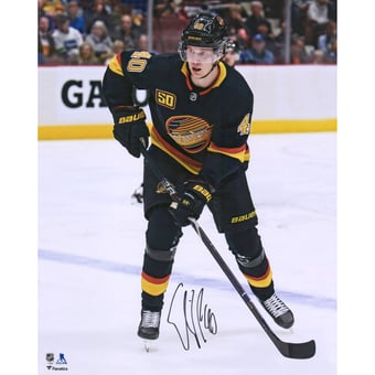 Elias Pettersson Vancouver Canucks Autographed 16" x 20" Black Alternate Jersey Skating Photograph