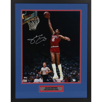 Julius Erving Philadelphia 76ers Framed Autographed 16" x 20" Dunking in Red Jersey Photograph with Nameplate