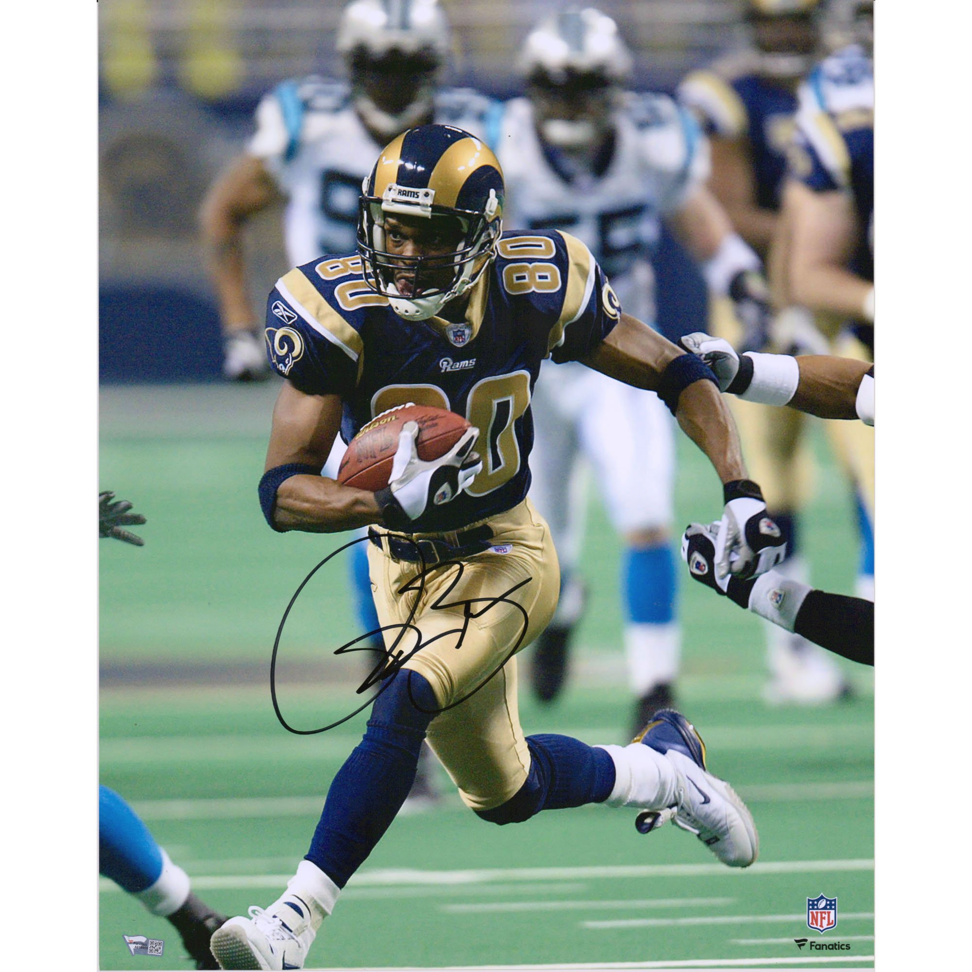 Fotografia di corsa verticale 16" x 20" autografata da Isaac Bruce St. Louis Rams