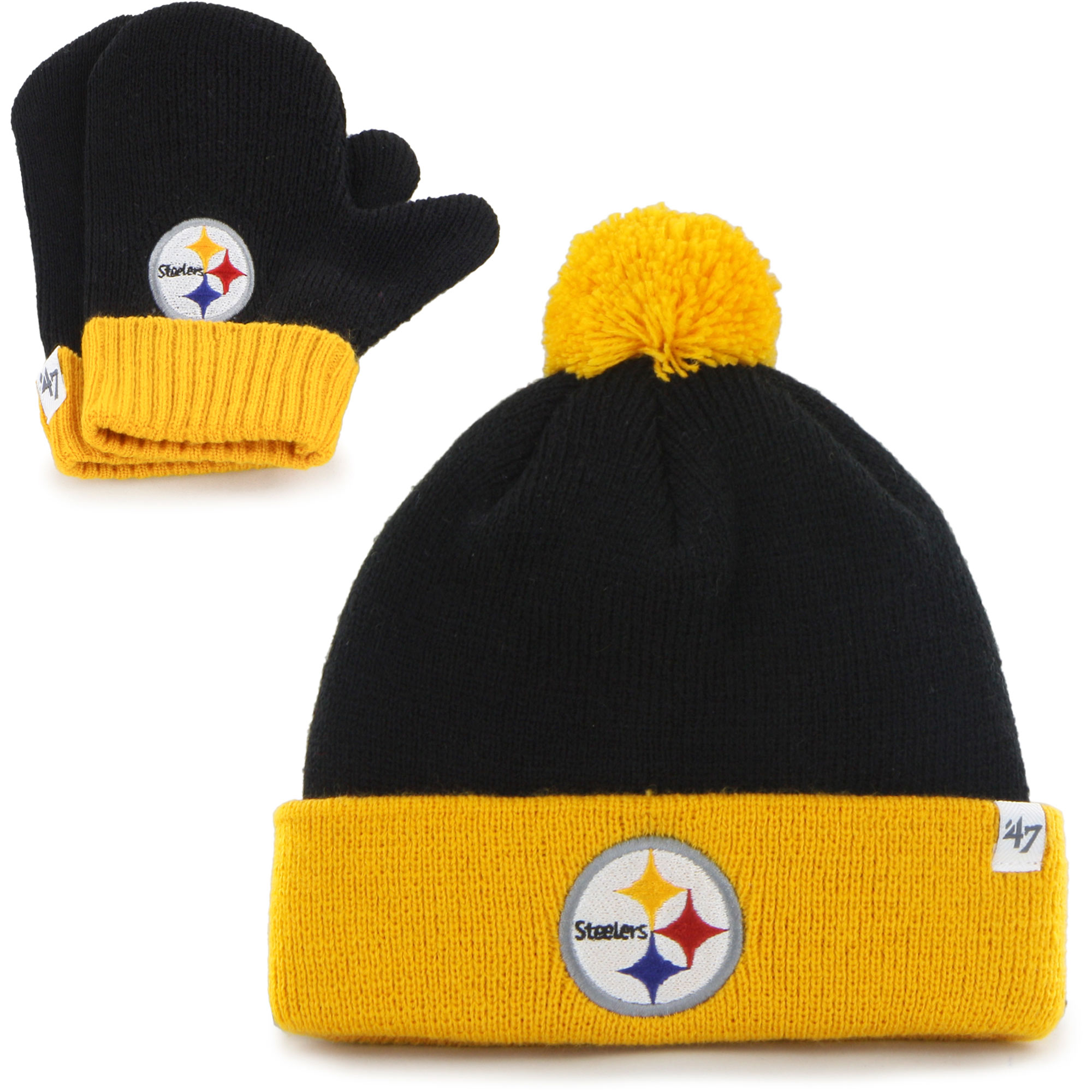 Infant ’47 Black/Gold Pittsburgh Steelers Bam Bam Cuffed Knit Hat With Pom and Mittens Set Infant ’47 Black/Gold Pittsburgh Steelers Bam Bam Cuffed Knit Hat With Pom and Mittens Set