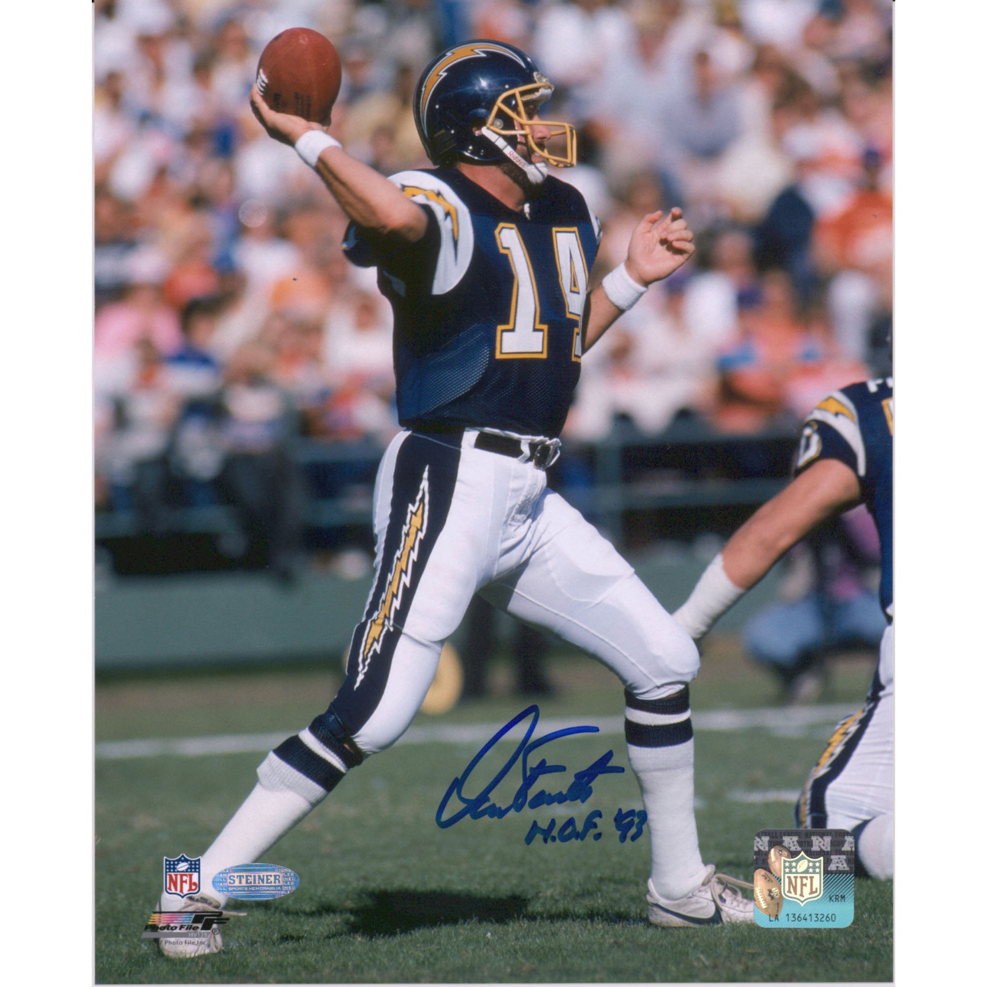 Fotografia di lancio di Dan Fouts San Diego Chargers autografata da 8" x 10" con iscrizione "HOF 93"