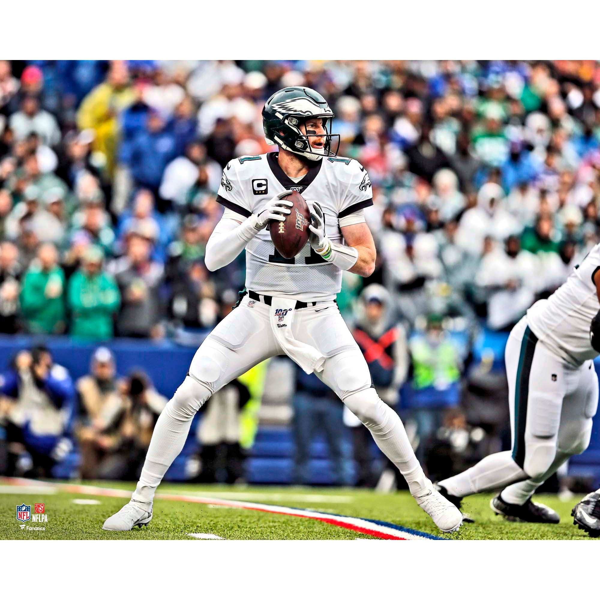 Carson Wentz Philadelphia Eagles Unsigned White Jersey Throwing Photograph
