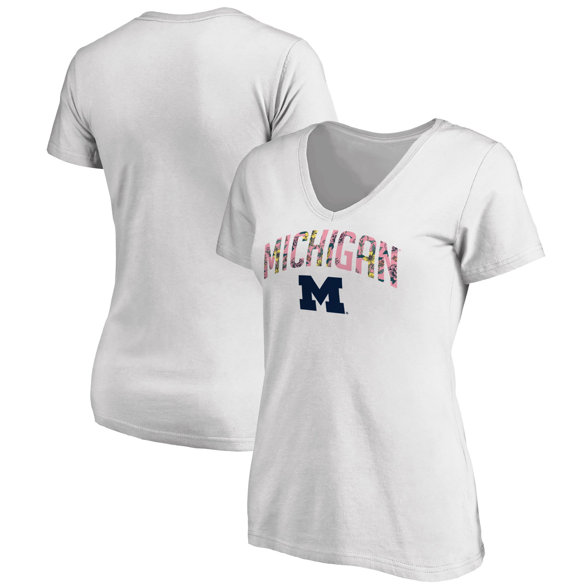Women's White Michigan Wolverines Floral Arched V-Neck T-Shirt