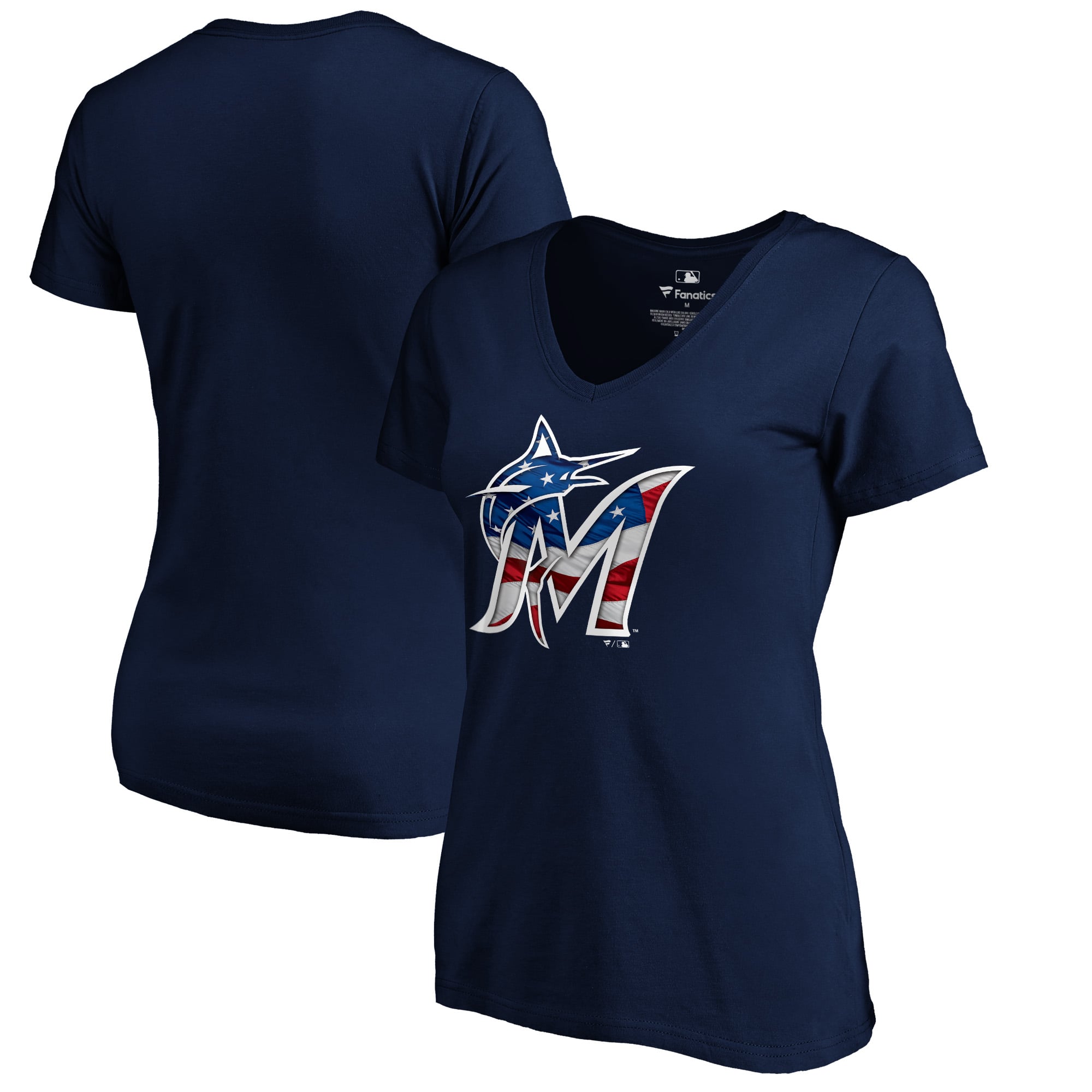 Women's Navy Miami Marlins Logo Banner Wave V-Neck T-Shirt