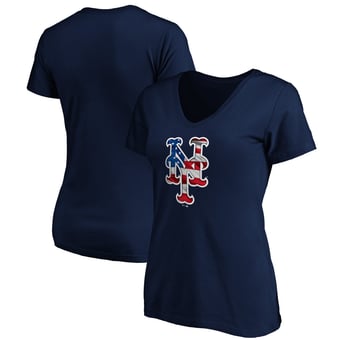 Women's Navy New York Mets Logo Banner Wave V-Neck T-Shirt