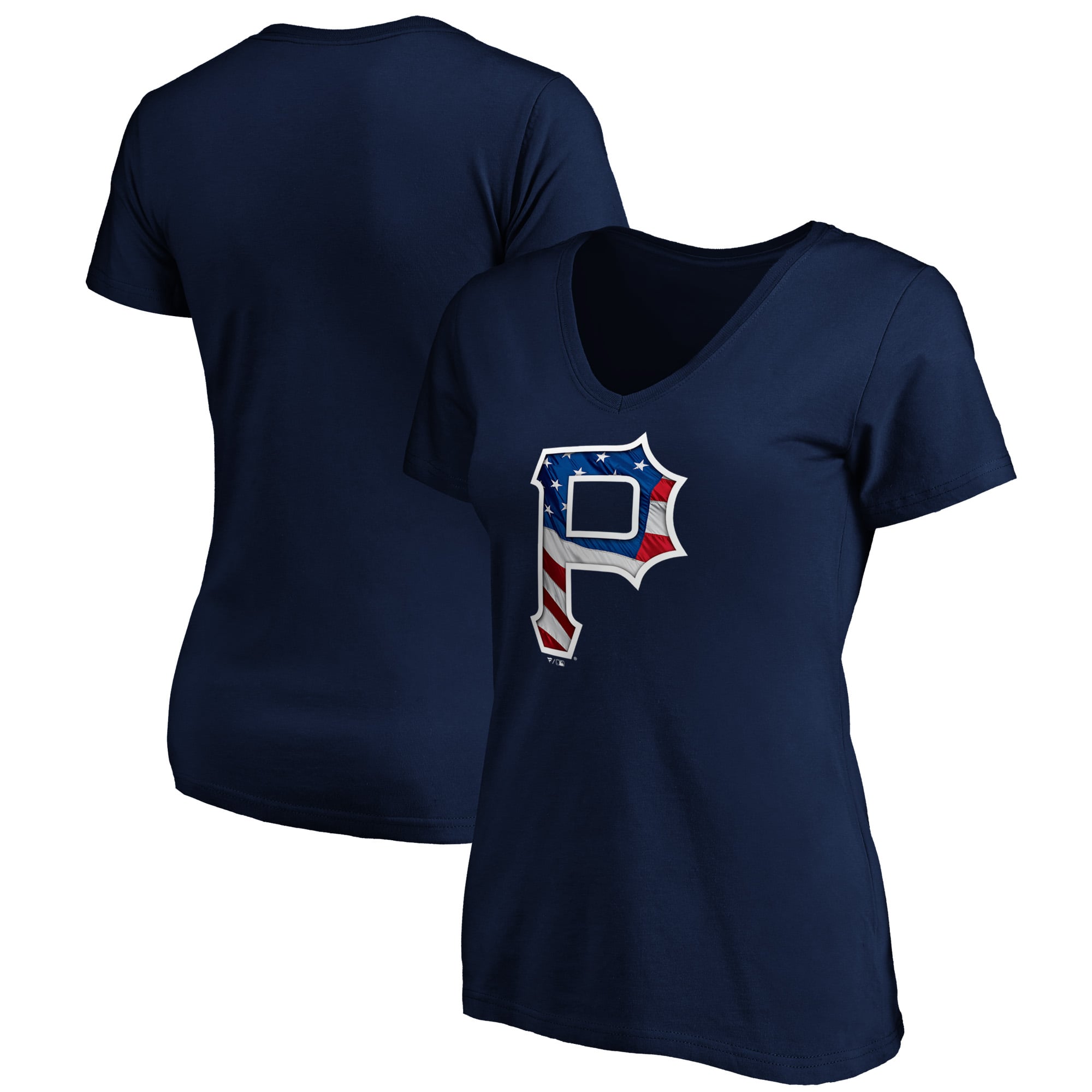 Women's Navy Pittsburgh Pirates Logo Banner Wave V-Neck T-Shirt