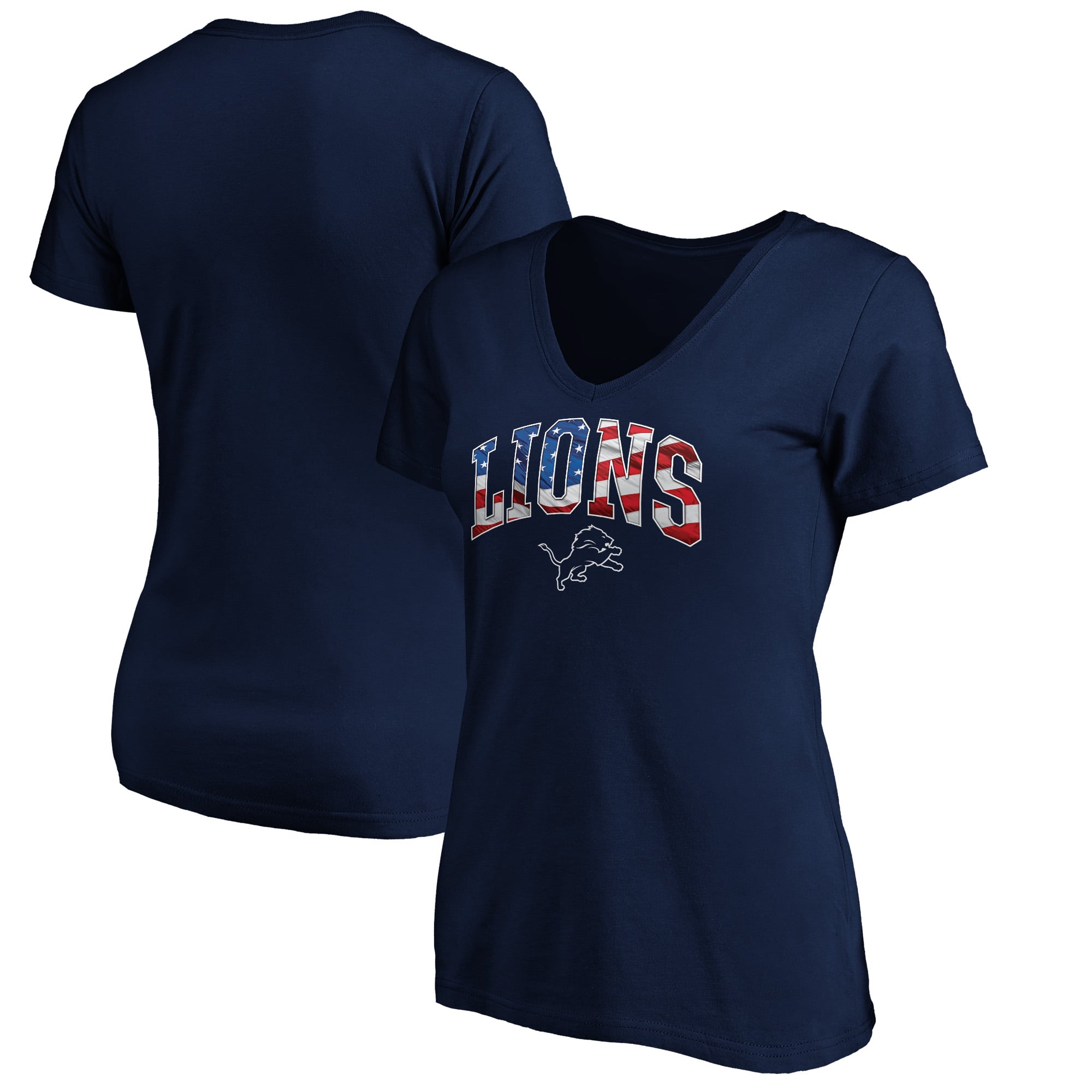 Women's Navy Detroit Lions Logo Banner Wave V-Neck T-Shirt