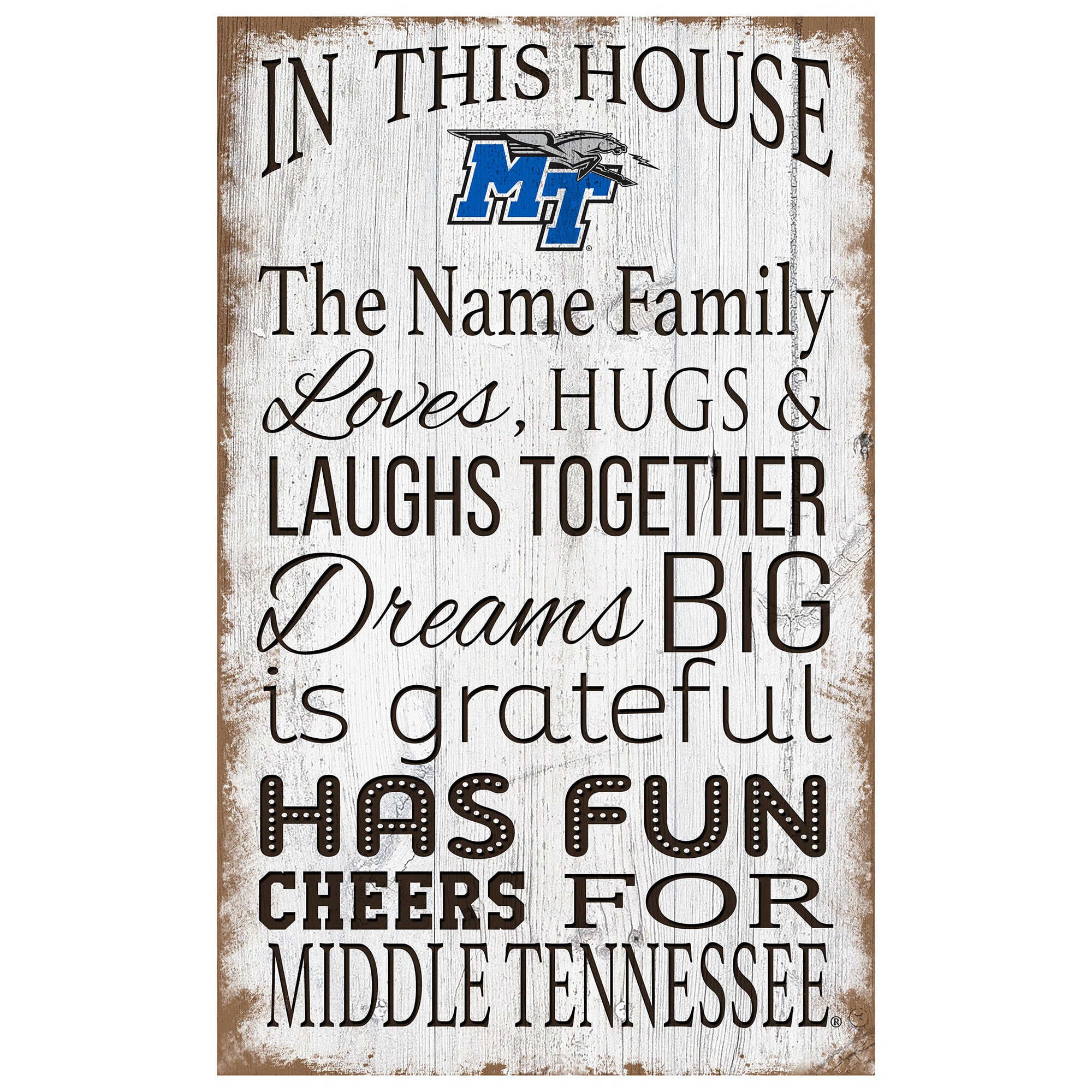 MTSU Blue Raiders Personalized 11" x 19" In This House Sign