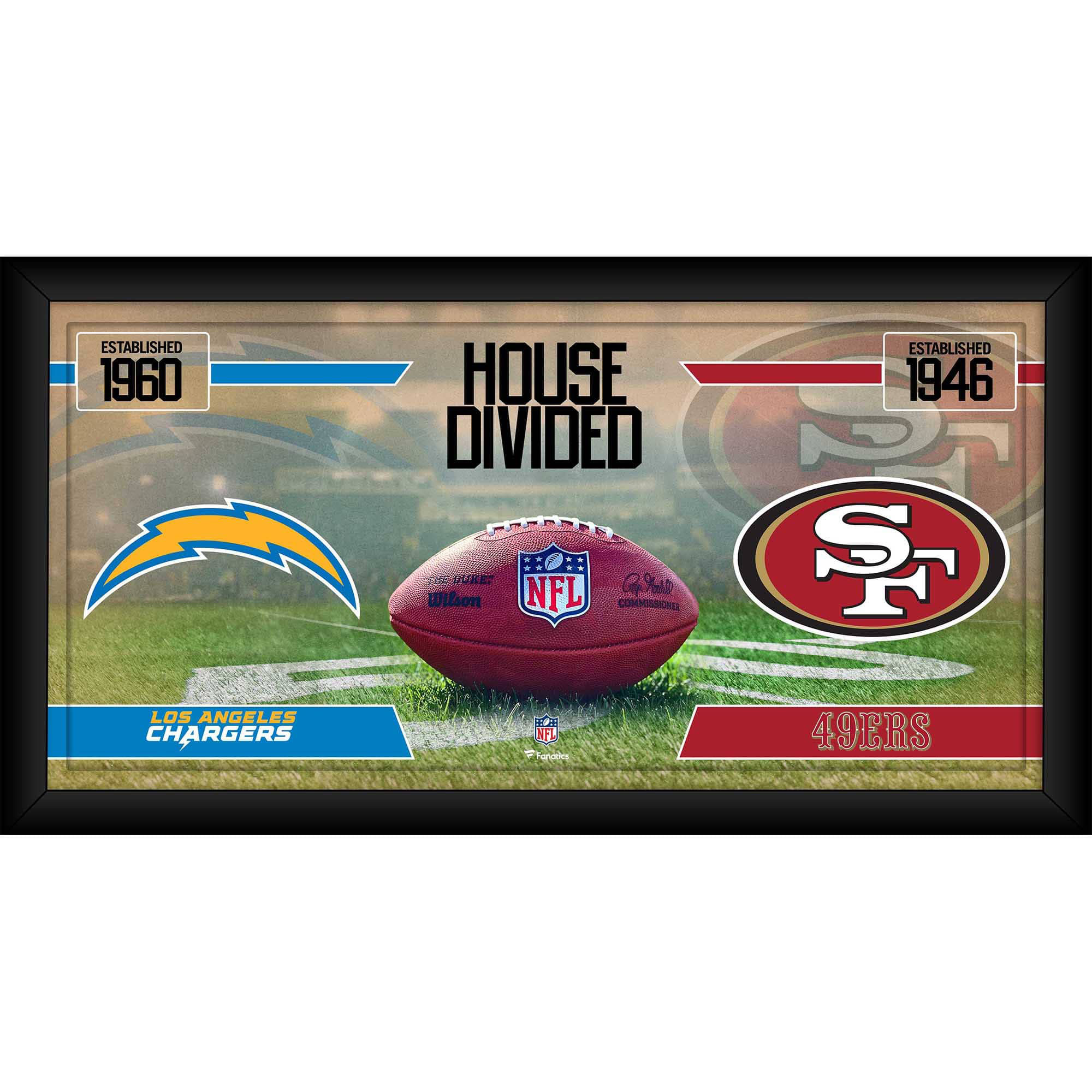 Los Angeles Chargers vs. San Francisco 49ers Framed 10" x 20" House Divided Football Collage