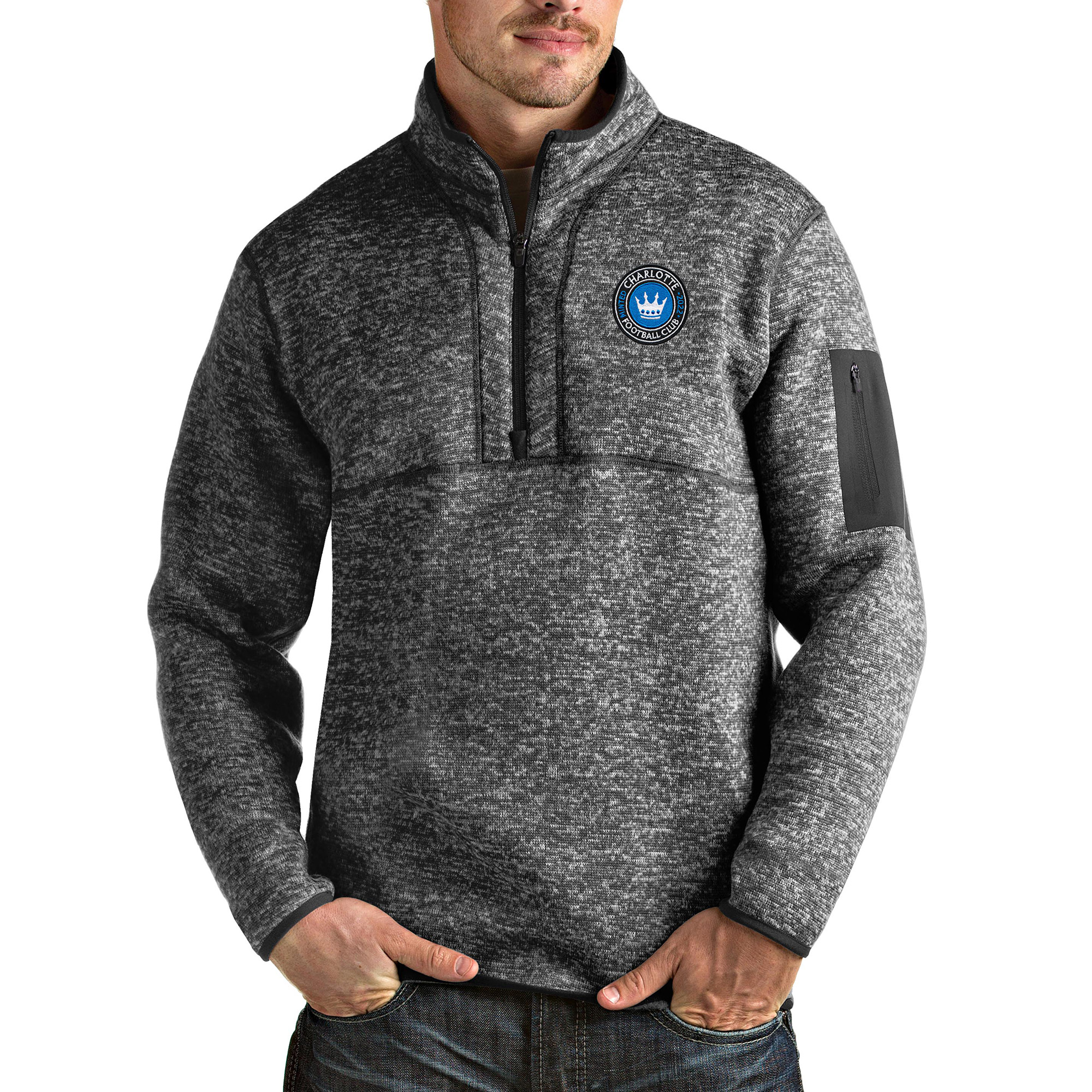 Men’s Antigua Heather Gray Charlotte FC Fortune Quarter-Zip Pullover Jacket Men’s Antigua Heather Gray Charlotte FC Fortune Quarter-Zip Pullover Jacket