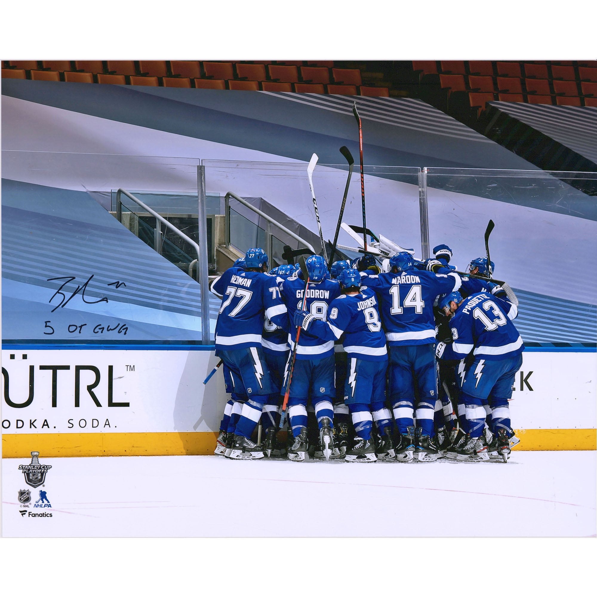 Brayden Point Tampa Bay Lightning Autographed 16″ x 20″ 5-OT Game-Winning Goal Celebration Photograph with “5 OT GWG” Inscription