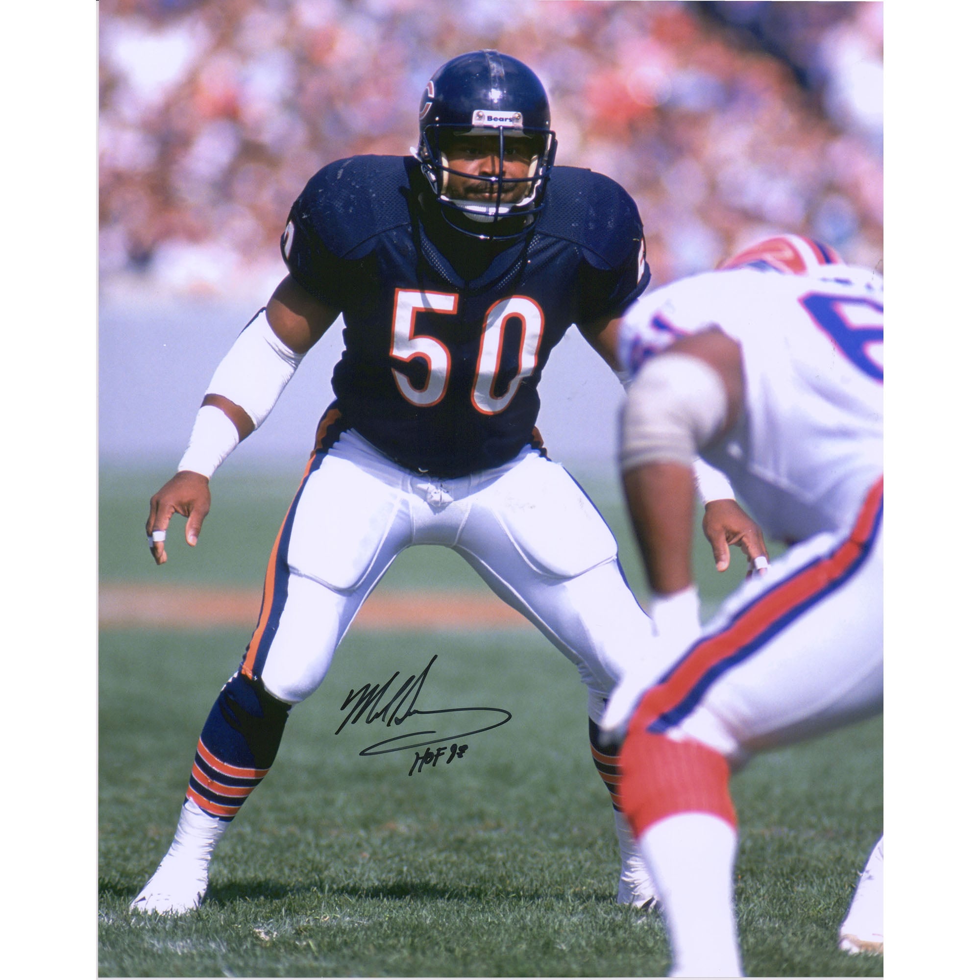 Mike Singletary Chicago Bears Autographed 16" x 20" Navy Jersey Vertical Photograph with "HOF 98" Inscription