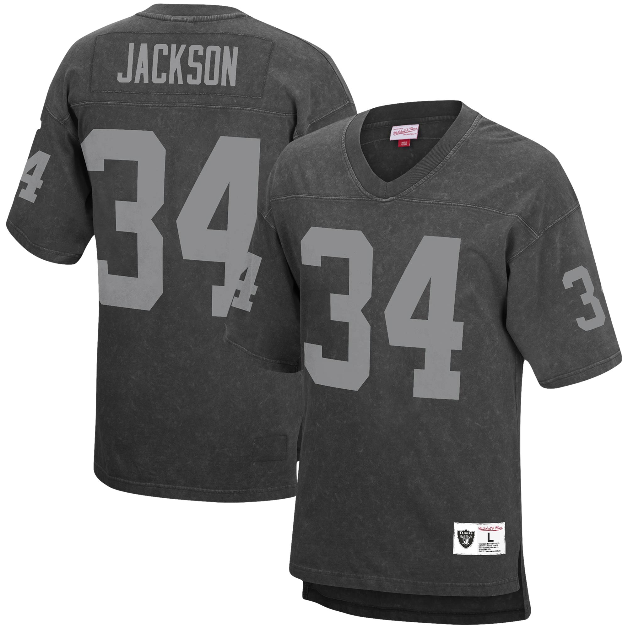 Men's Mitchell & Ness Bo Jackson Black Los Angeles Raiders Retired Player Name & Number Acid Wash Top