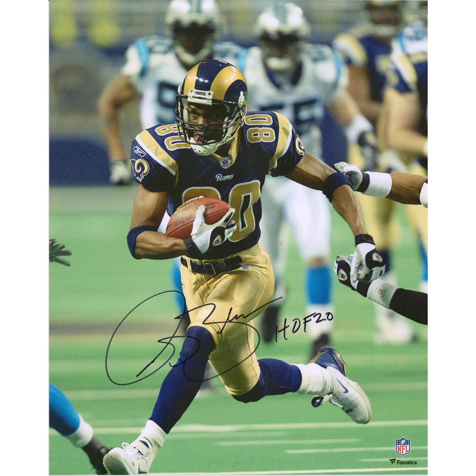 Fotografia di corsa autografata di Isaac Bruce St. Louis Rams 16" x 20" con iscrizione "HOF 20"