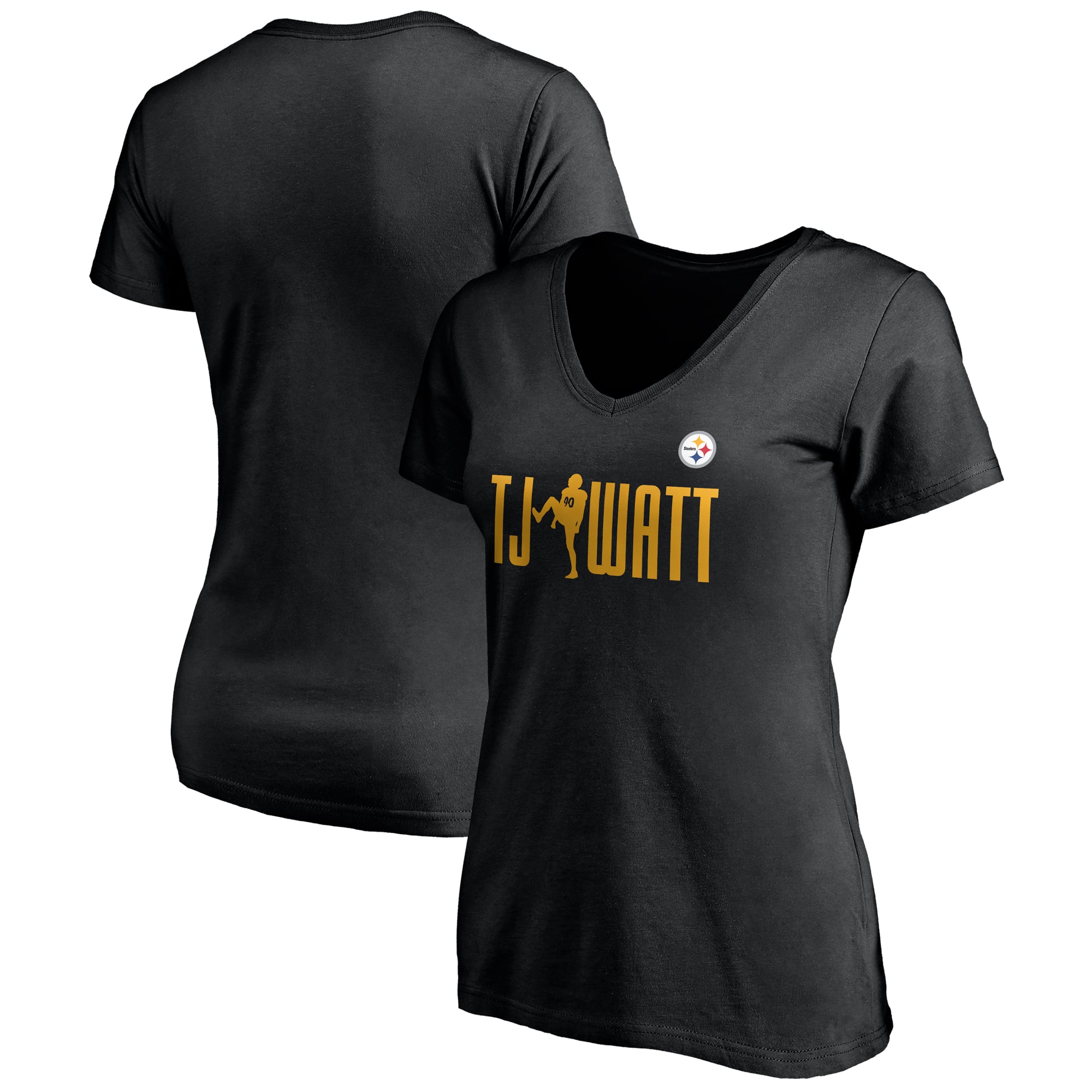 Women's T.J. Watt Black Pittsburgh Steelers Checkdown V-Neck T-Shirt