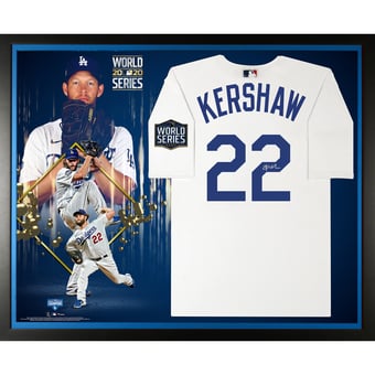 Clayton Kershaw Los Angeles Dodgers Framed Autographed 2020 MLB World Series Champions Nike White Replica World Series Logo Jersey Collage