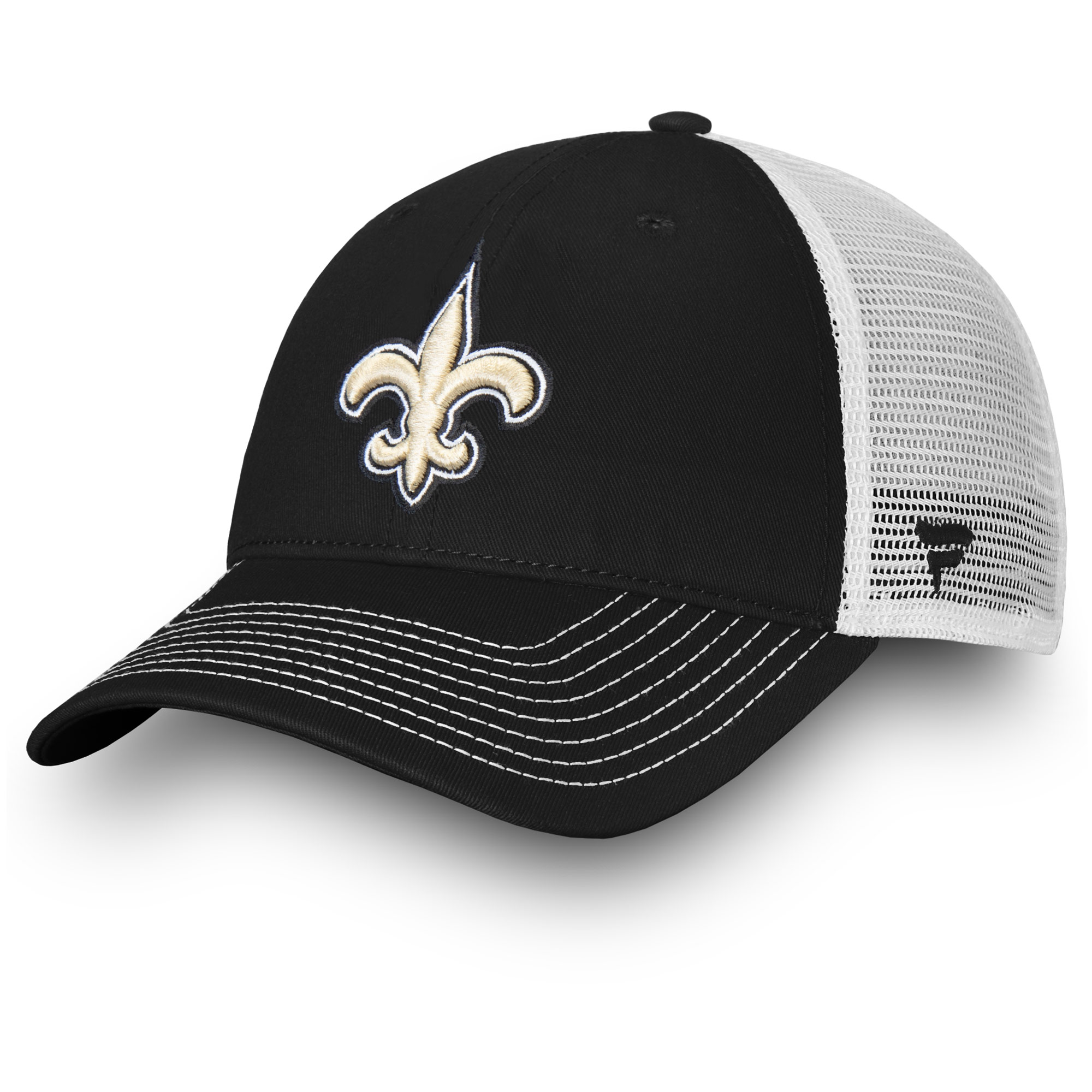 Men's Fanatics Black/White New Orleans Saints Fundamental Trucker Unstructured Adjustable Hat: retailer-supplied image