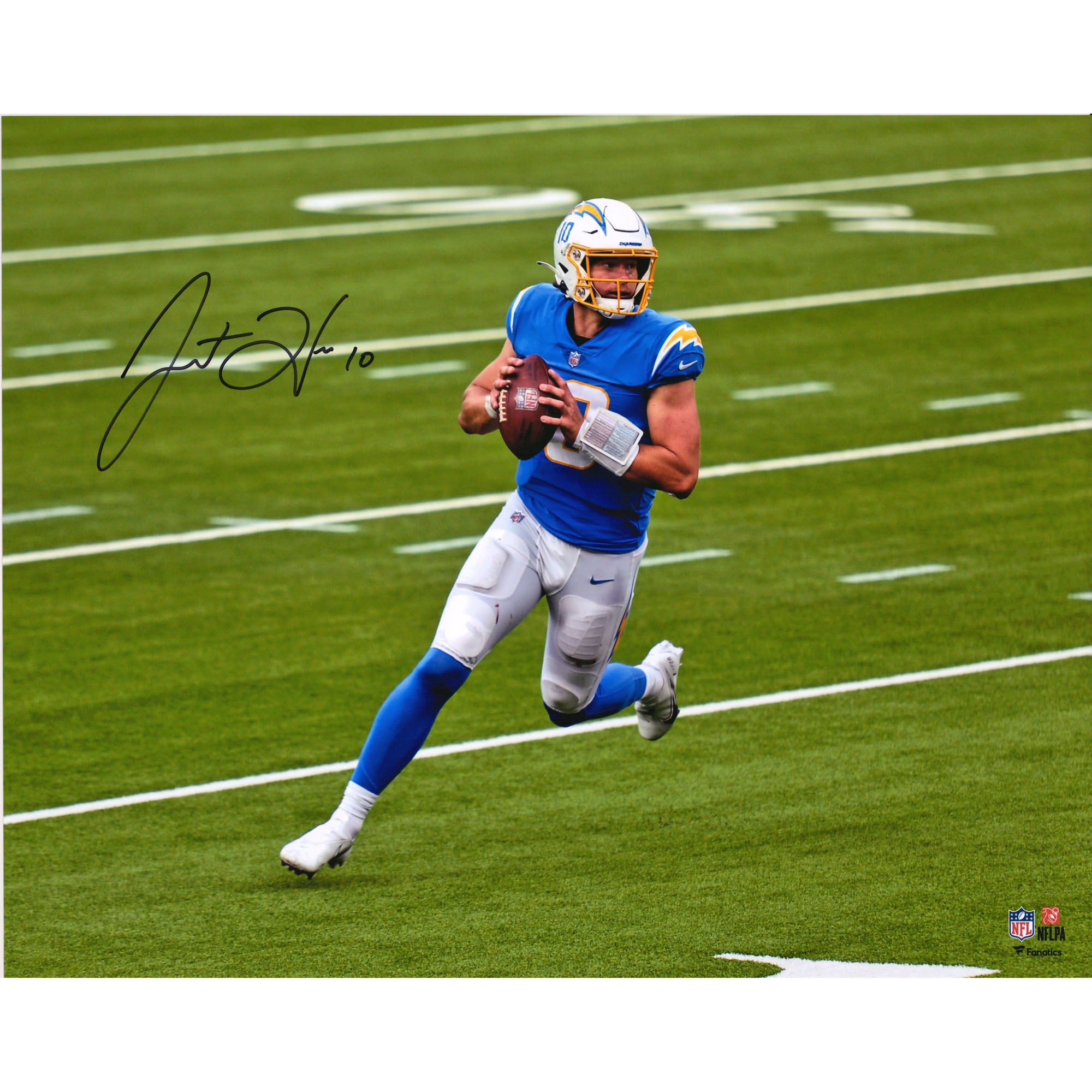 Justin Herbert Los Angeles Chargers Autographed 16" x 20" Looking to Pass Photograph