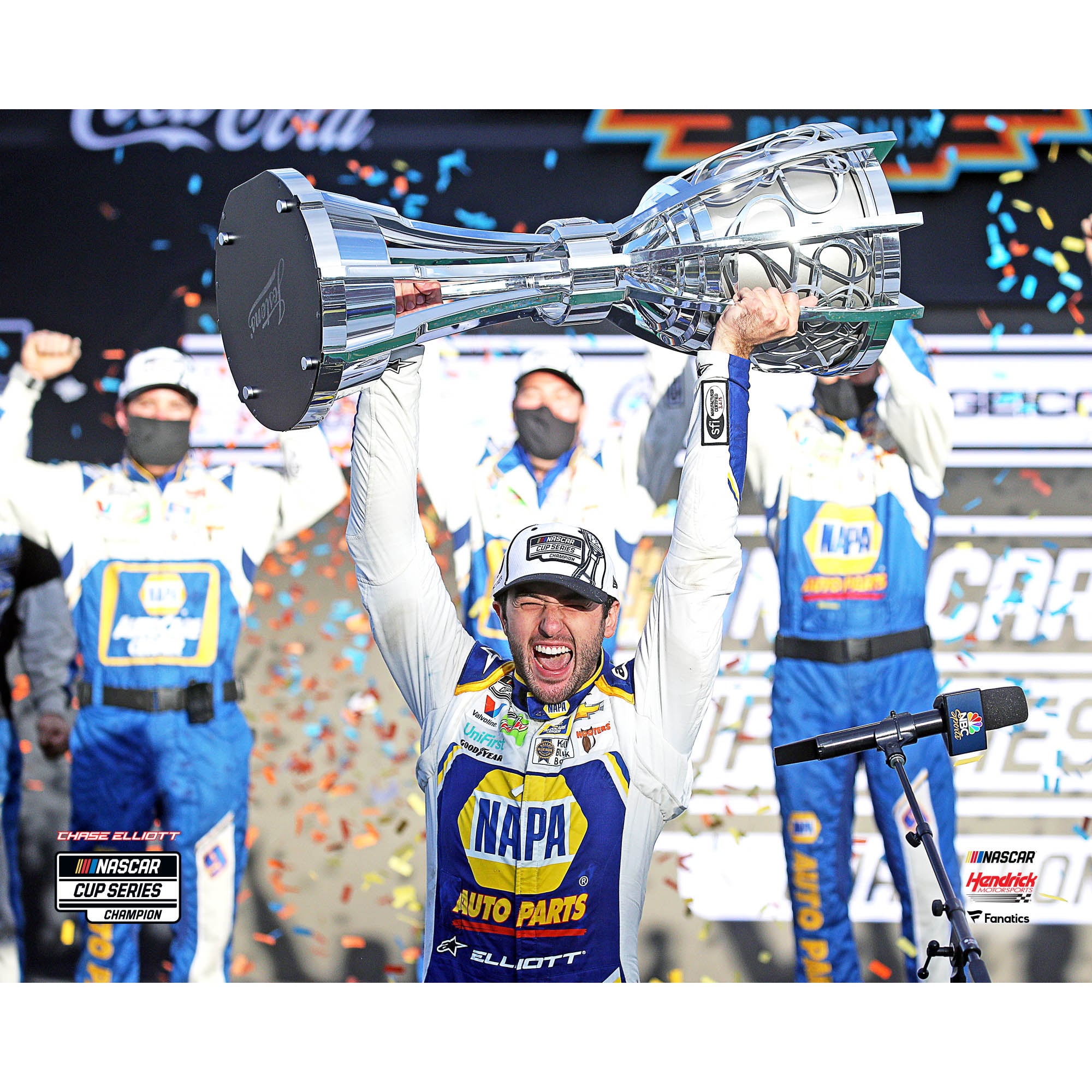 Chase Elliott Unsigned 2020 NASCAR Cup Champion Holding Trophy Above Head Photograph Chase Elliott Unsigned 2020 NASCAR Cup Champion Holding Trophy Above Head Photograph
