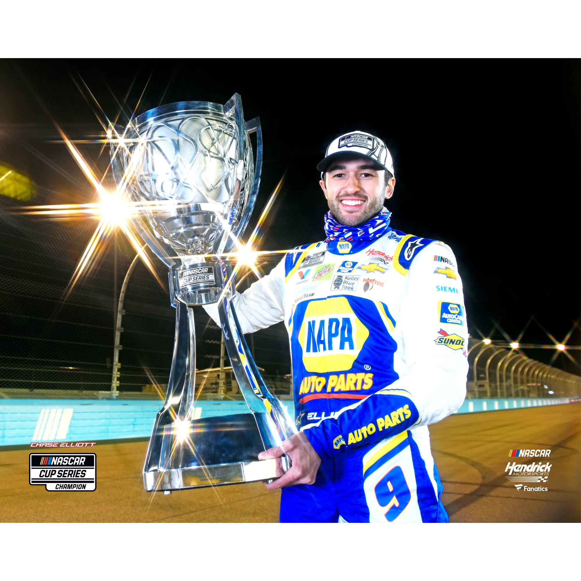 Chase Elliott Unsigned 2020 NASCAR Cup Champion Holding Trophy On Side Photograph Chase Elliott Unsigned 2020 NASCAR Cup Champion Holding Trophy On Side Photograph