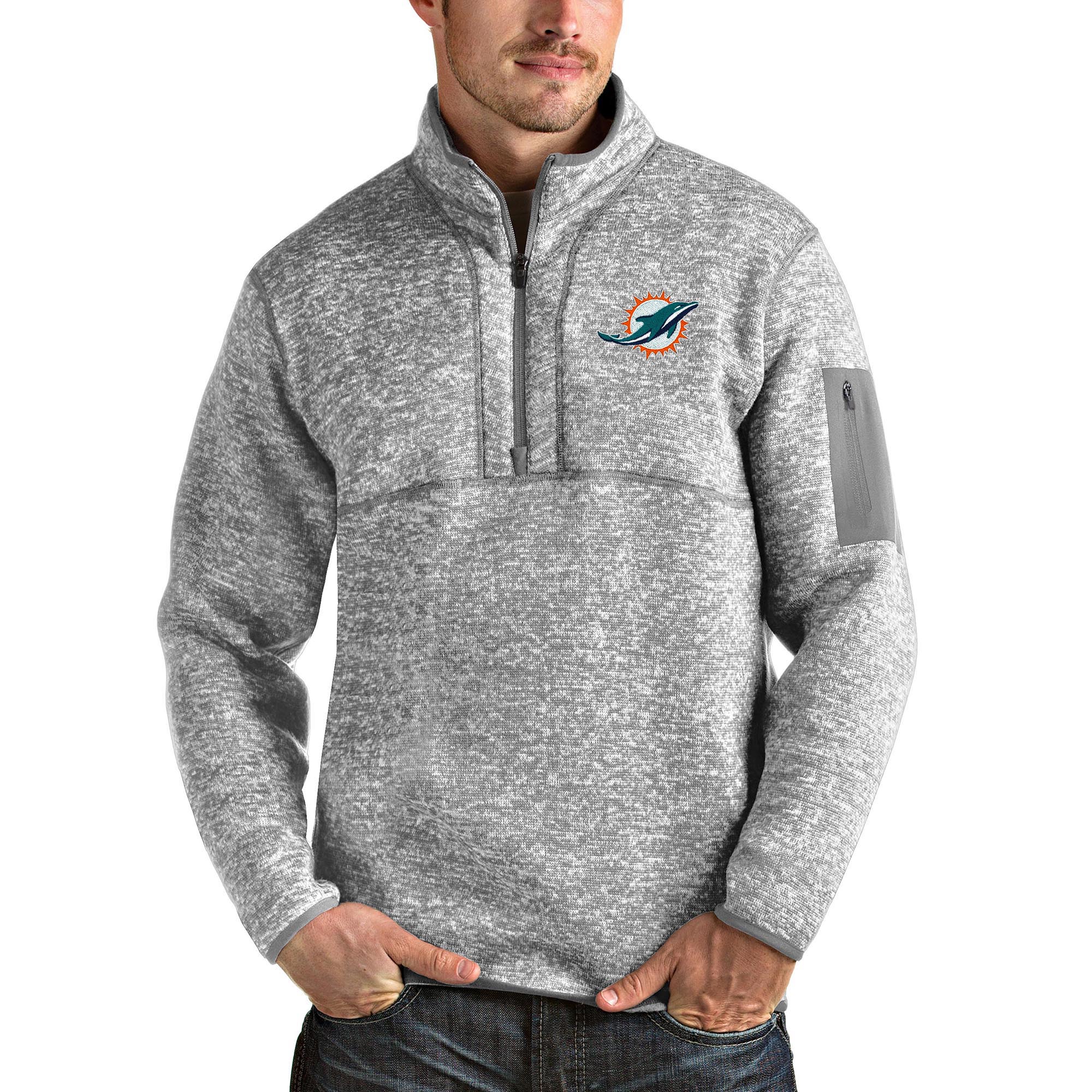 Men's Antigua Heather Gray Miami Dolphins Team Logo Fortune Quarter-Zip Pullover Jacket