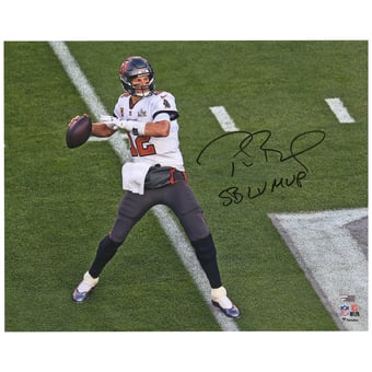 Tom Brady Tampa Bay Buccaneers Autographed 16'' x 20'' Super Bowl LV Champions Super Bowl LV Action Photograph with ''LV MVP'' Inscription