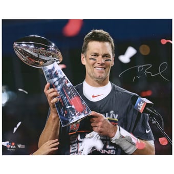 Tom Brady Tampa Bay Buccaneers Autographed 16" x 20" Super Bowl LV Trophy Photograph