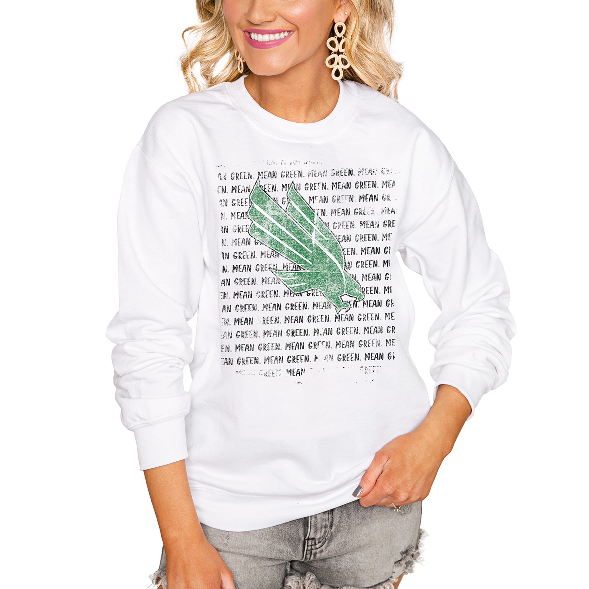 Women's White North Texas Mean Green Bold Type Perfect Pullover Sweatshirt