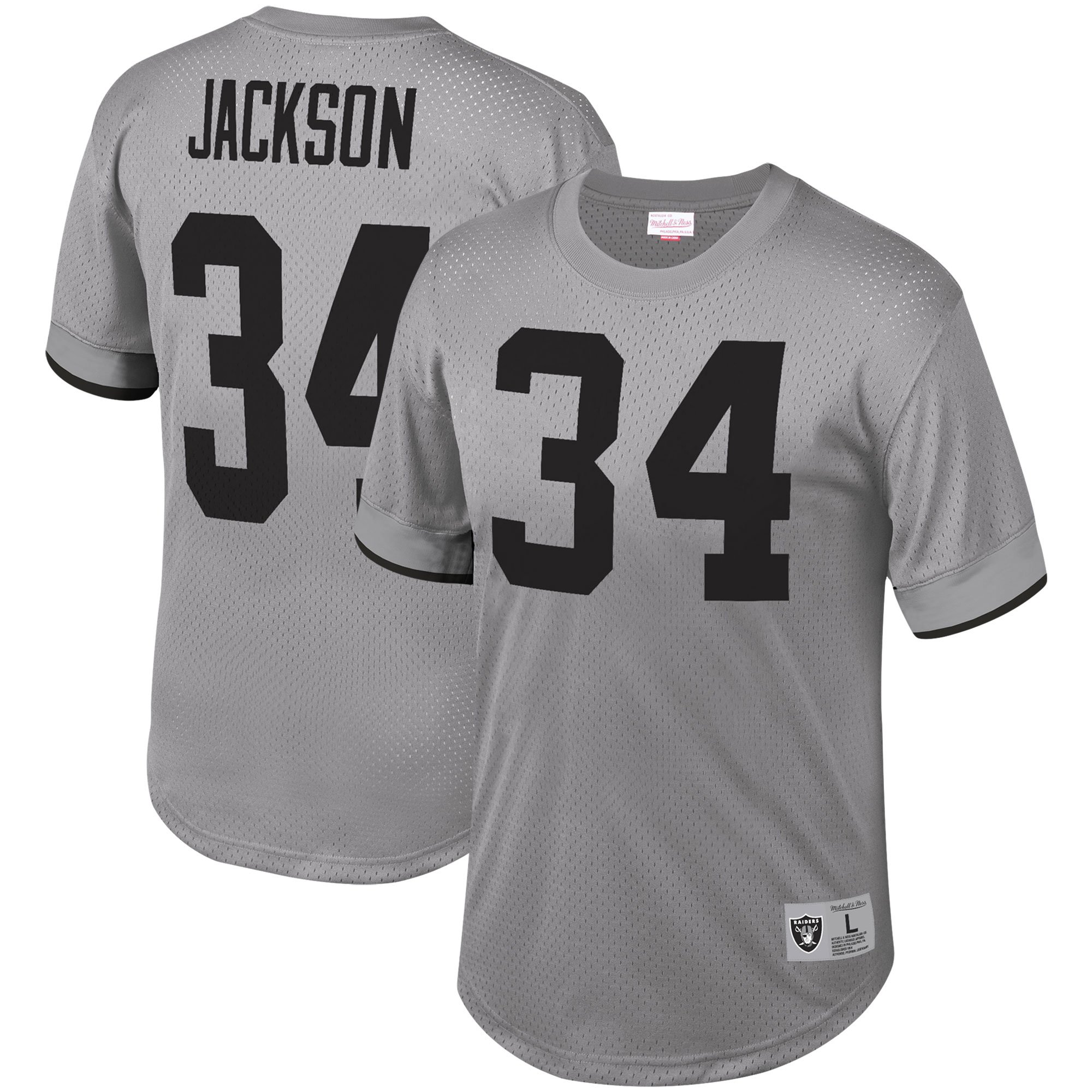 Men's Mitchell & Ness Bo Jackson Gray Los Angeles Raiders Retired Player Name & Number Mesh T-Shirt