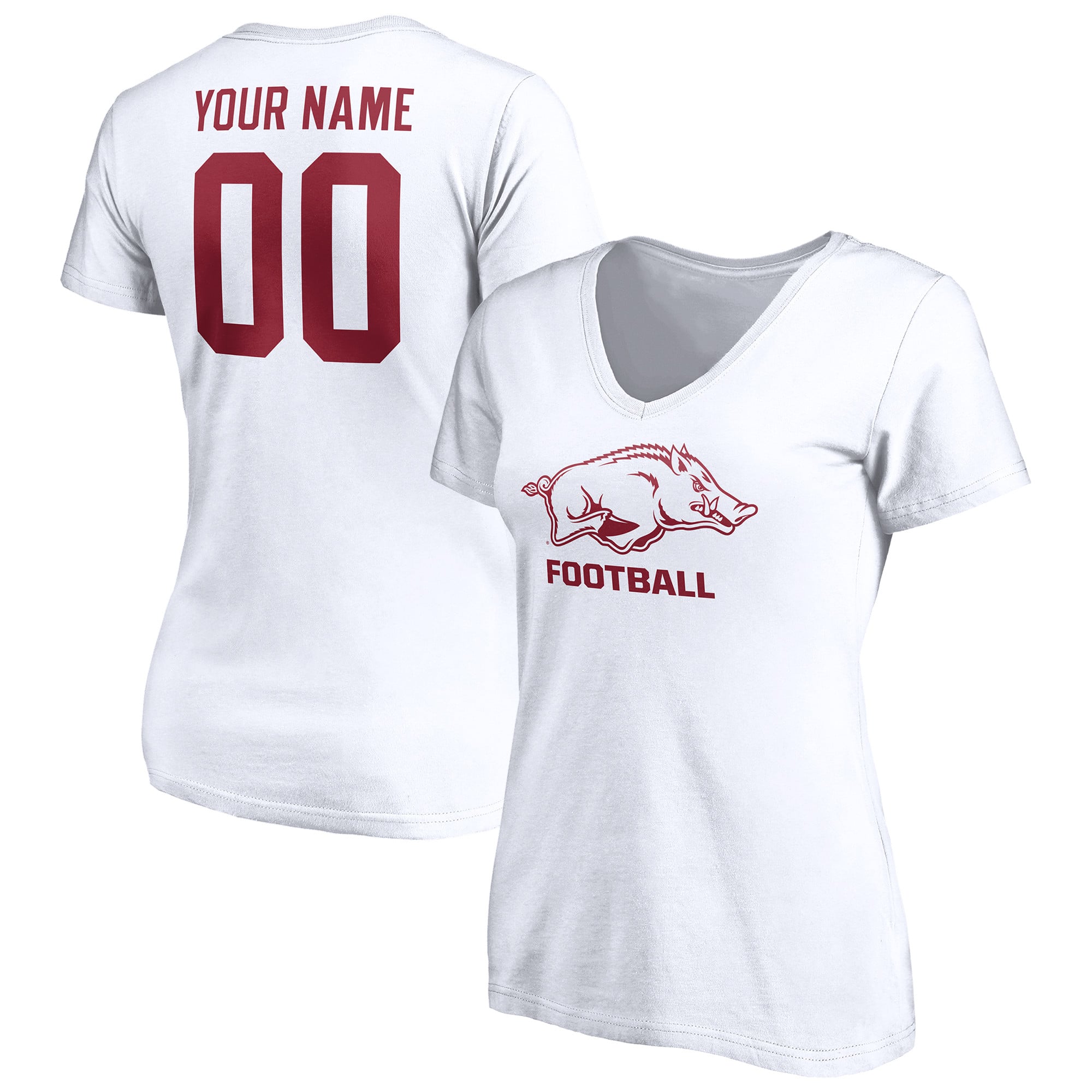 Women's White Arkansas Razorbacks Personalized Any Name & Number One Color V-Neck T-Shirt
