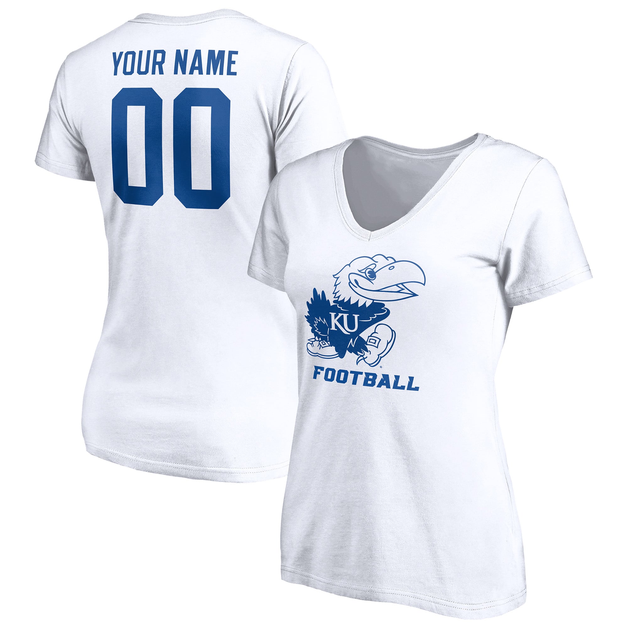Women's White Kansas Jayhawks Personalized Any Name & Number One Color V-Neck T-Shirt