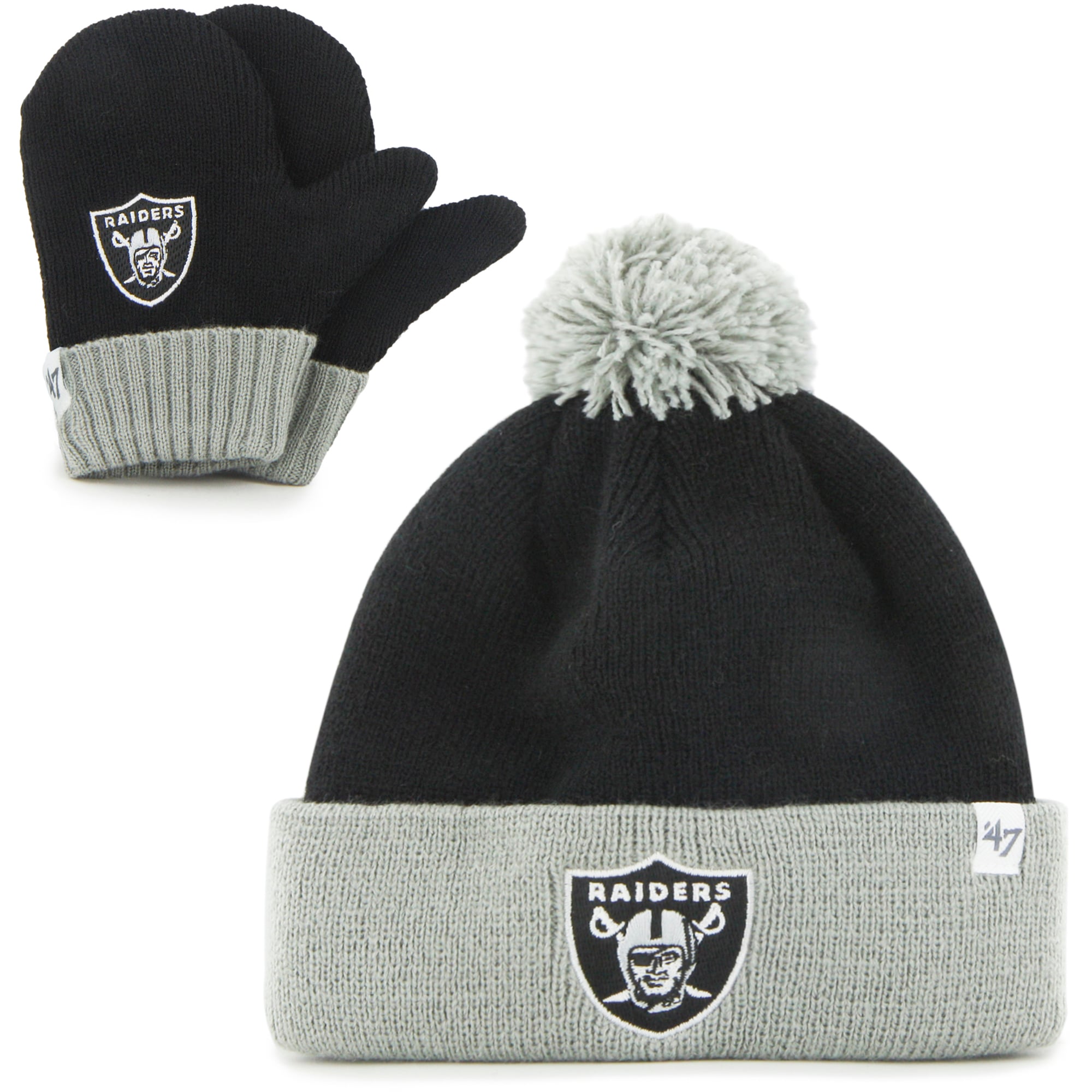 Toddler '47 Black/Silver Las Vegas Raiders Bam Bam Cuffed Knit Hat with Pom and Mittens Set