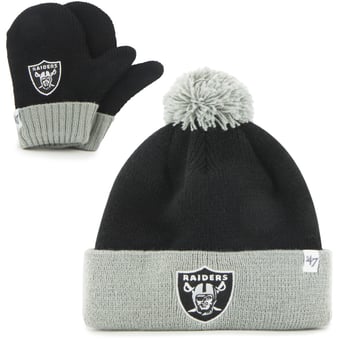 Toddler '47 Black/Silver Las Vegas Raiders Bam Bam Cuffed Knit Hat with Pom and Mittens Set