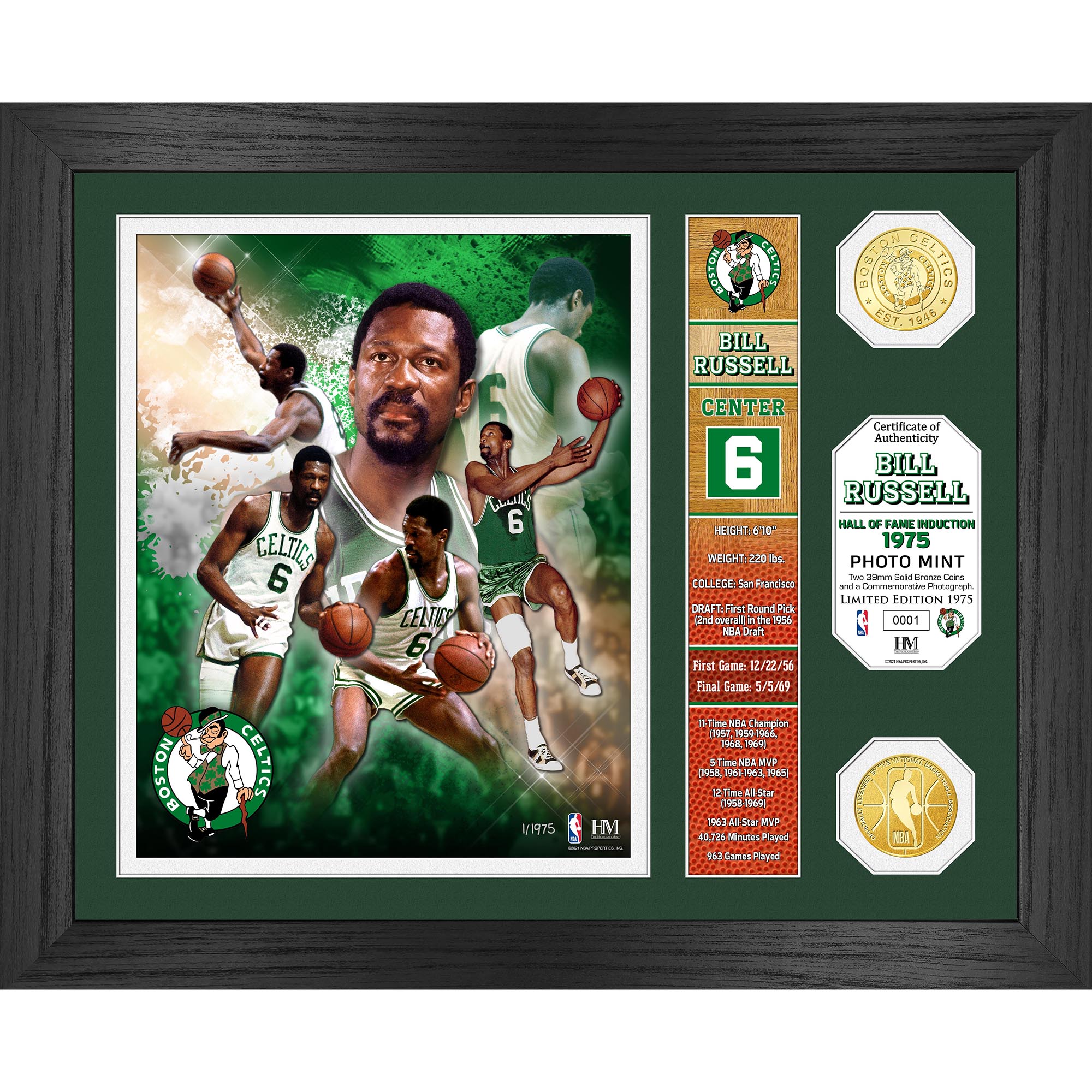 Highland Mint Bill Russell Boston Celtics 13'' x 16'' Hall of Fame Banner Bronze Coin Photo Mint