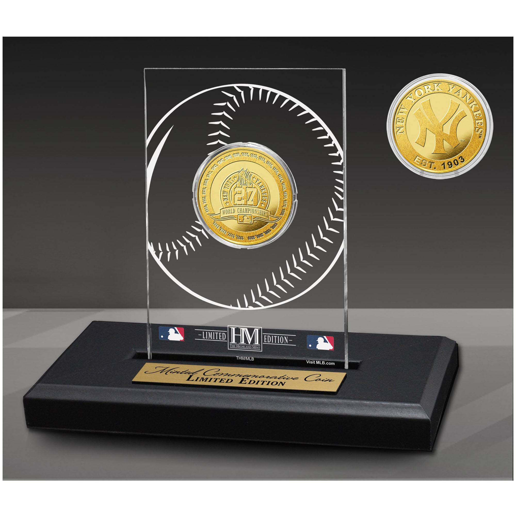 Highland Mint New York Yankees 27-Time World Series Champions Acrylic Gold Coin Desk Top Display