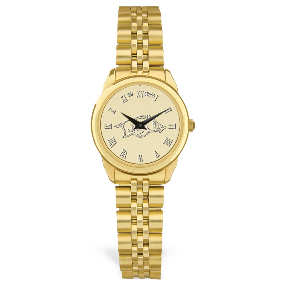 Women's Arkansas Razorbacks Gold Medallion Rolled Link Bracelet Wristwatch