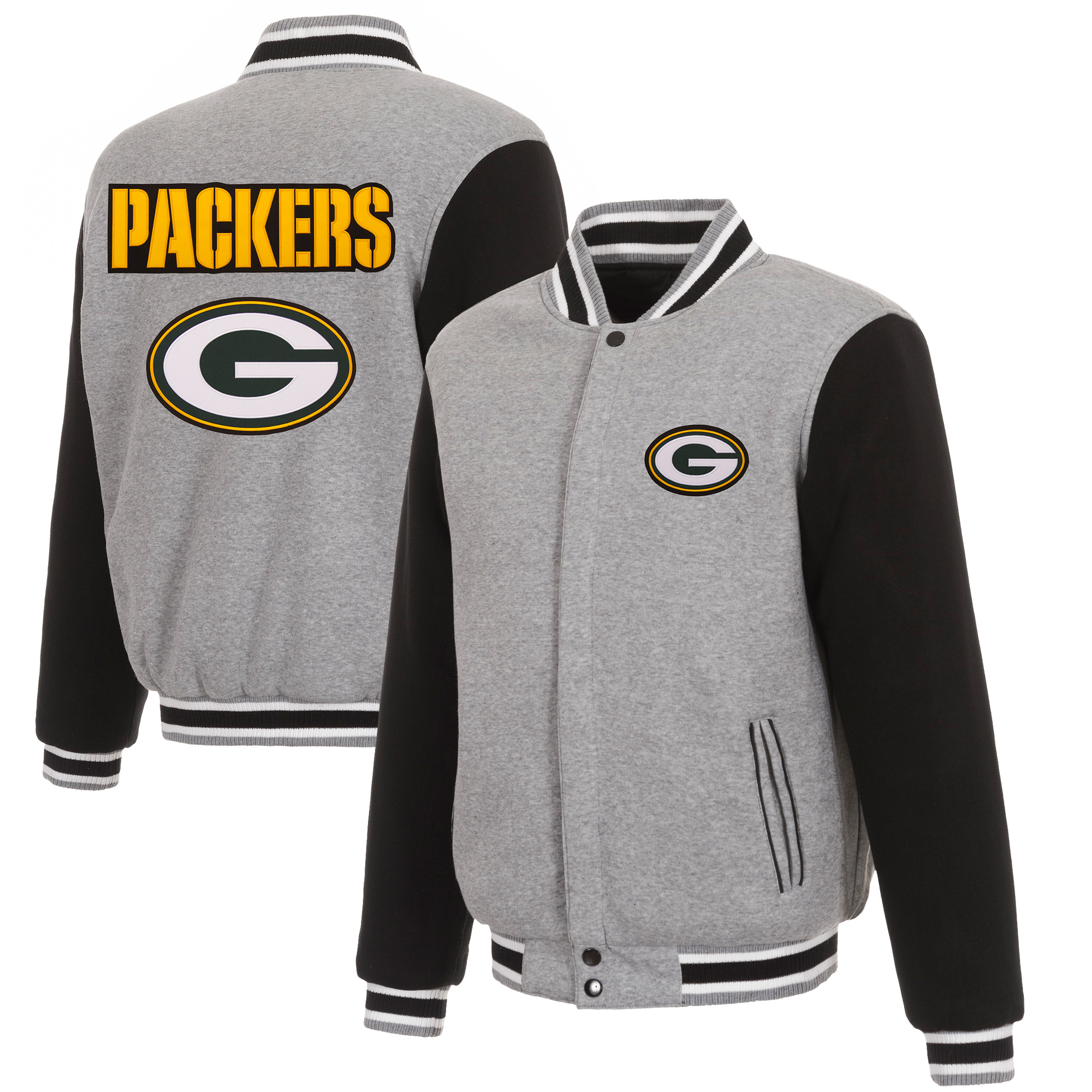 Men's JH Design Gray/Black Green Bay Packers Reversible Fleece Full-Snap Jacket