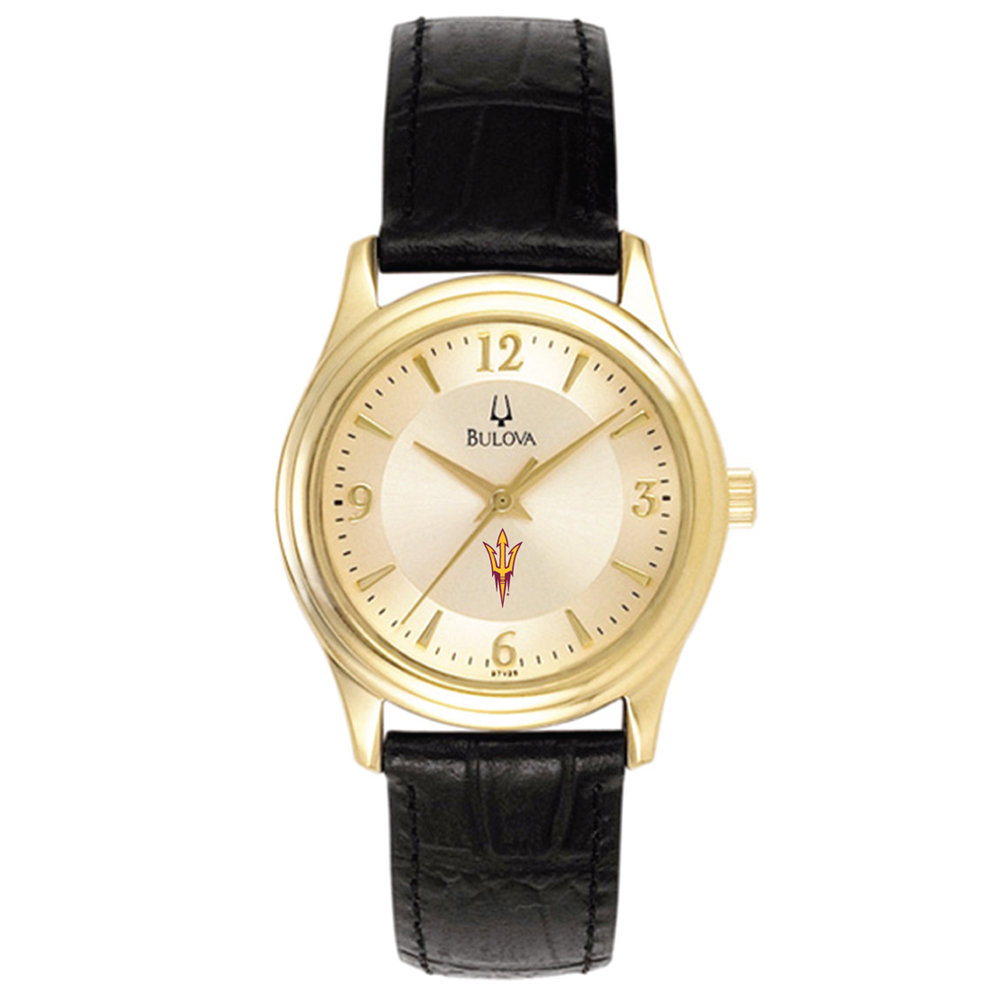 Women's Bulova Gold/Black Arizona State Sun Devils Stainless Steel Watch with Leather Band