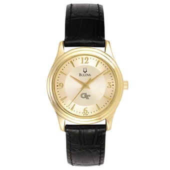Women's Bulova Gold/Black Georgia Tech Yellow Jackets Stainless Steel Watch with Leather Band