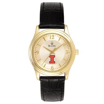 Women's Bulova Gold/Black Illinois Fighting Illini Stainless Steel Watch with Leather Band