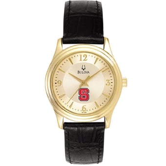 Women's Bulova Gold/Black NC State Wolfpack Stainless Steel Watch with Leather Band