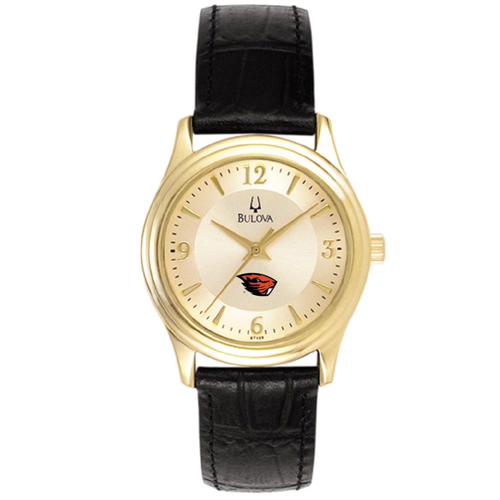 Women's Bulova Gold/Black Oregon State Beavers Stainless Steel Watch with Leather Band
